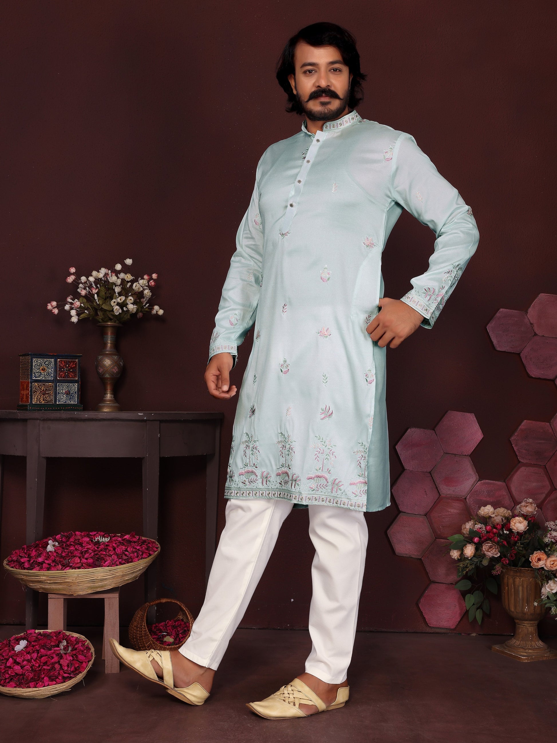 Jyoti Fashion Men's Turquoise Sequins Embroidered Kurta with Pajama | Swadesiicart