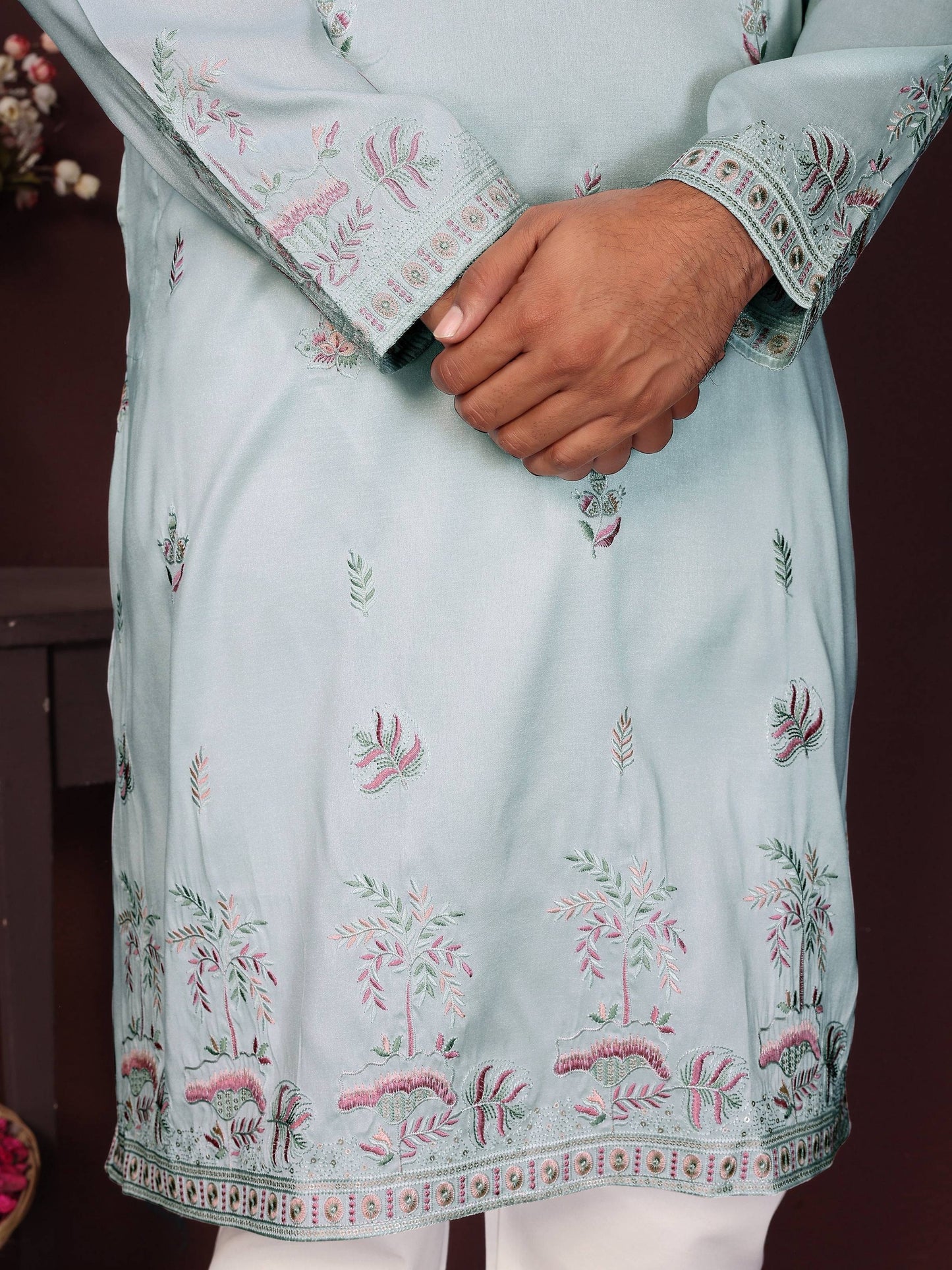 Jyoti Fashion Men's Turquoise Sequins Embroidered Kurta with Pajama | Swadesiicart