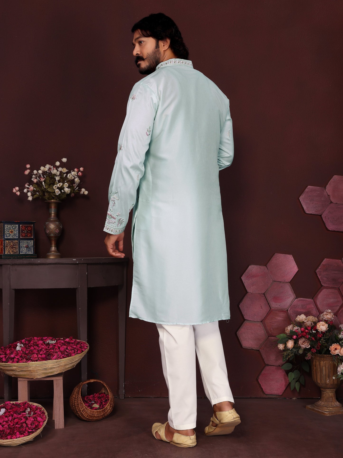 Jyoti Fashion Men's Turquoise Sequins Embroidered Kurta with Pajama | Swadesiicart