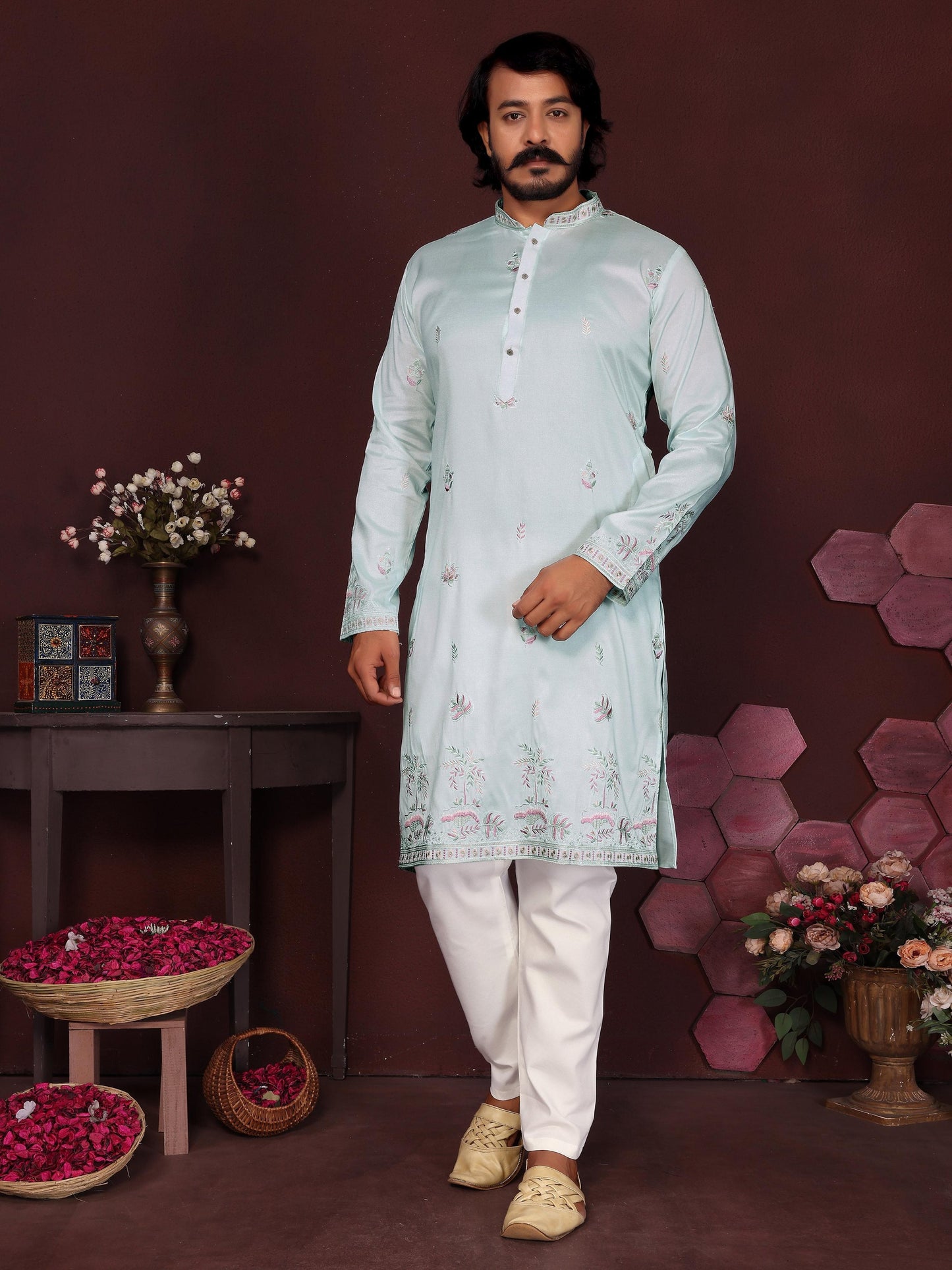 Jyoti Fashion Men's Turquoise Sequins Embroidered Kurta with Pajama | Swadesiicart