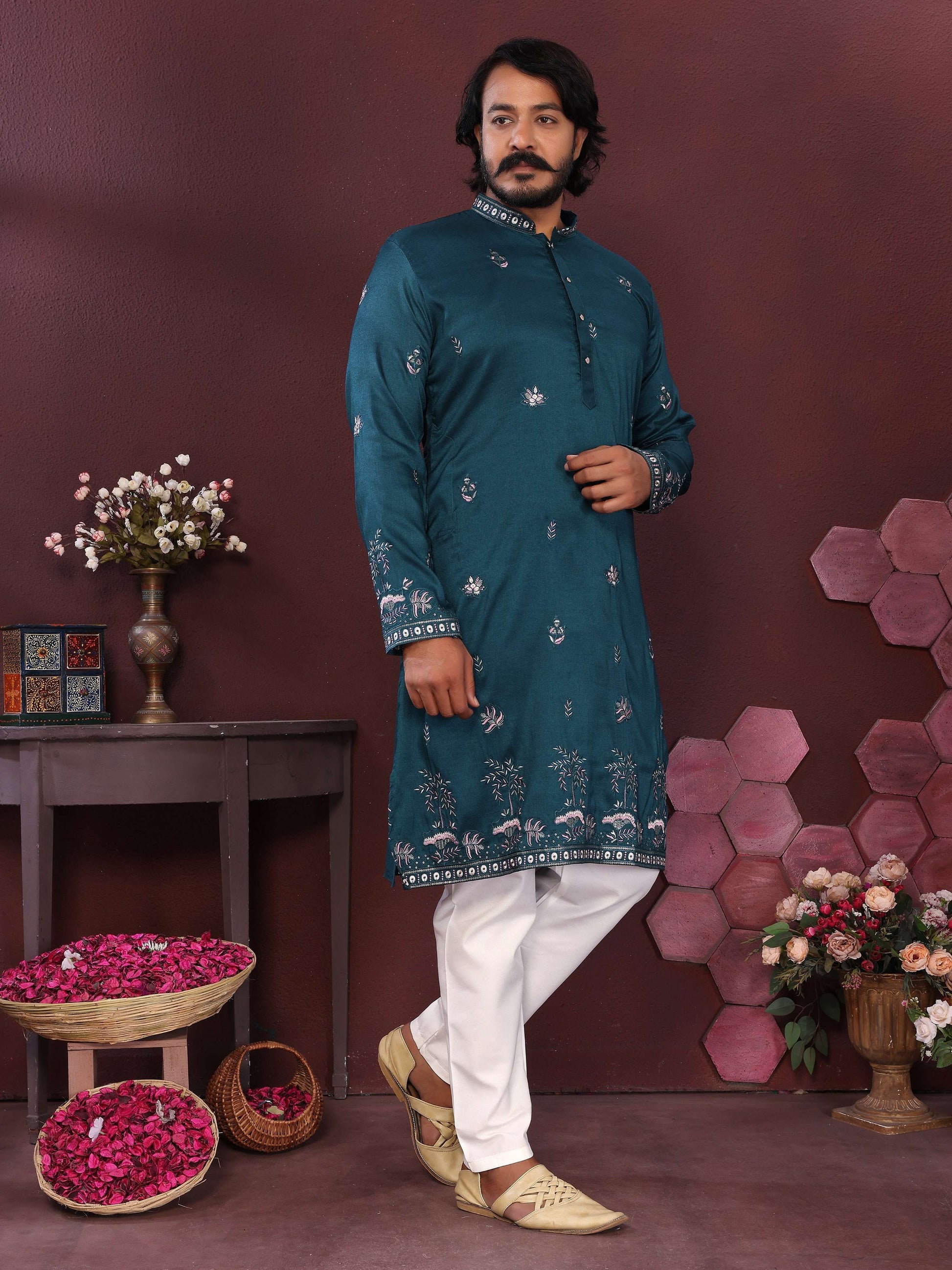 Jyoti Fashion Men's Teal Sequins Embroidered Kurta with Pajama | Swadesiicart