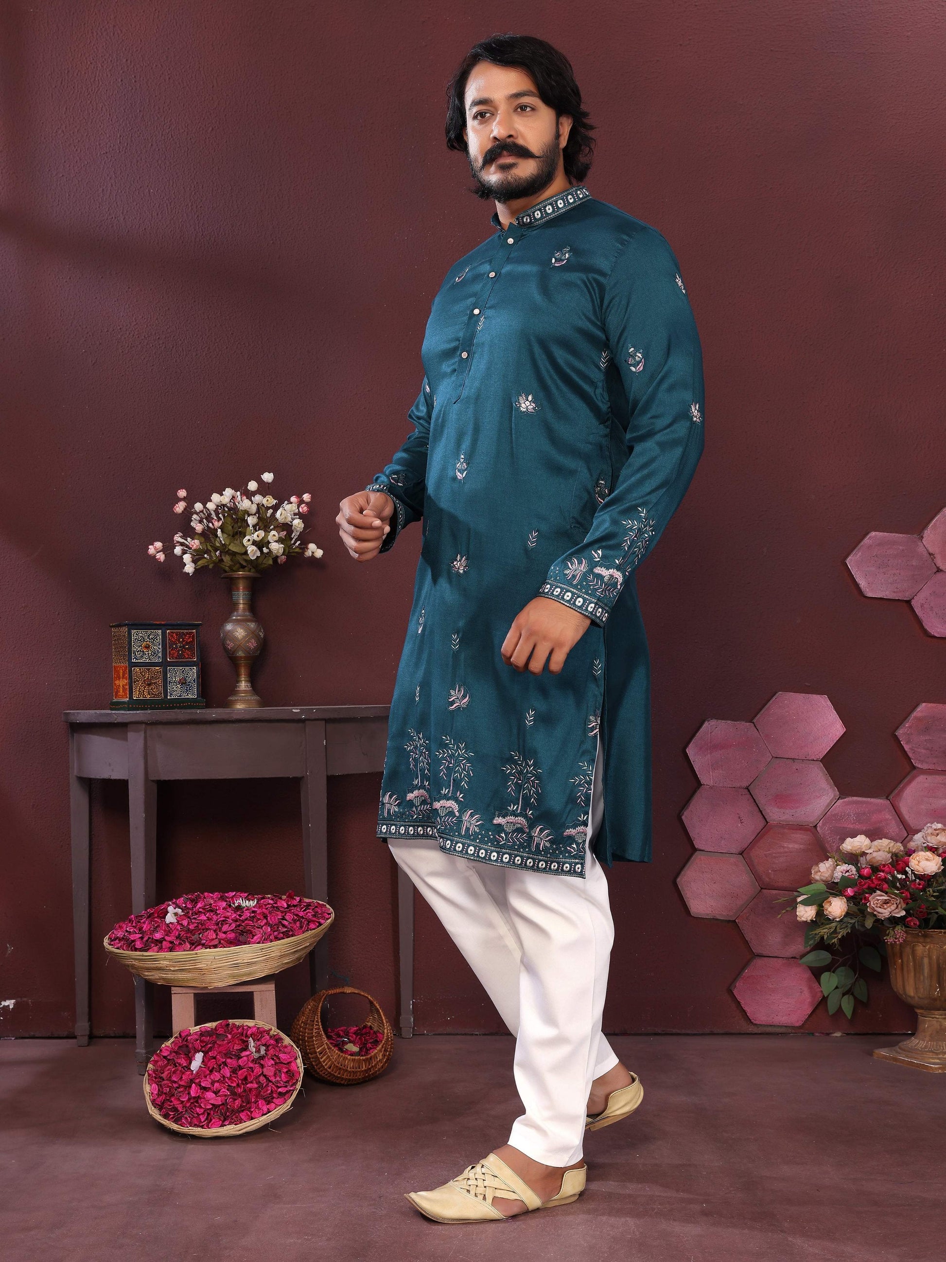 Jyoti Fashion Men's Teal Sequins Embroidered Kurta with Pajama | Swadesiicart
