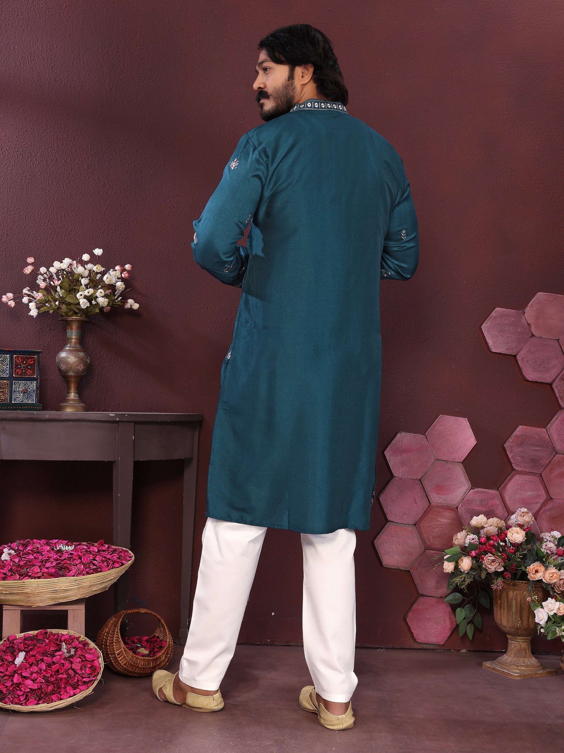 Jyoti Fashion Men's Teal Sequins Embroidered Kurta with Pajama | Swadesiicart