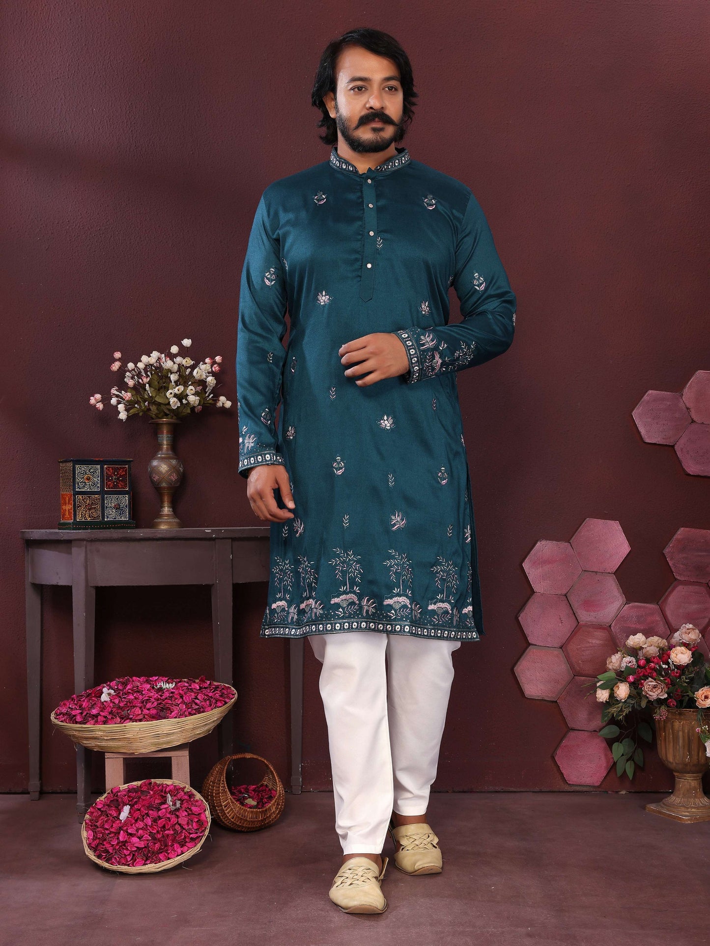 Jyoti Fashion Men's Teal Sequins Embroidered Kurta with Pajama | Swadesiicart