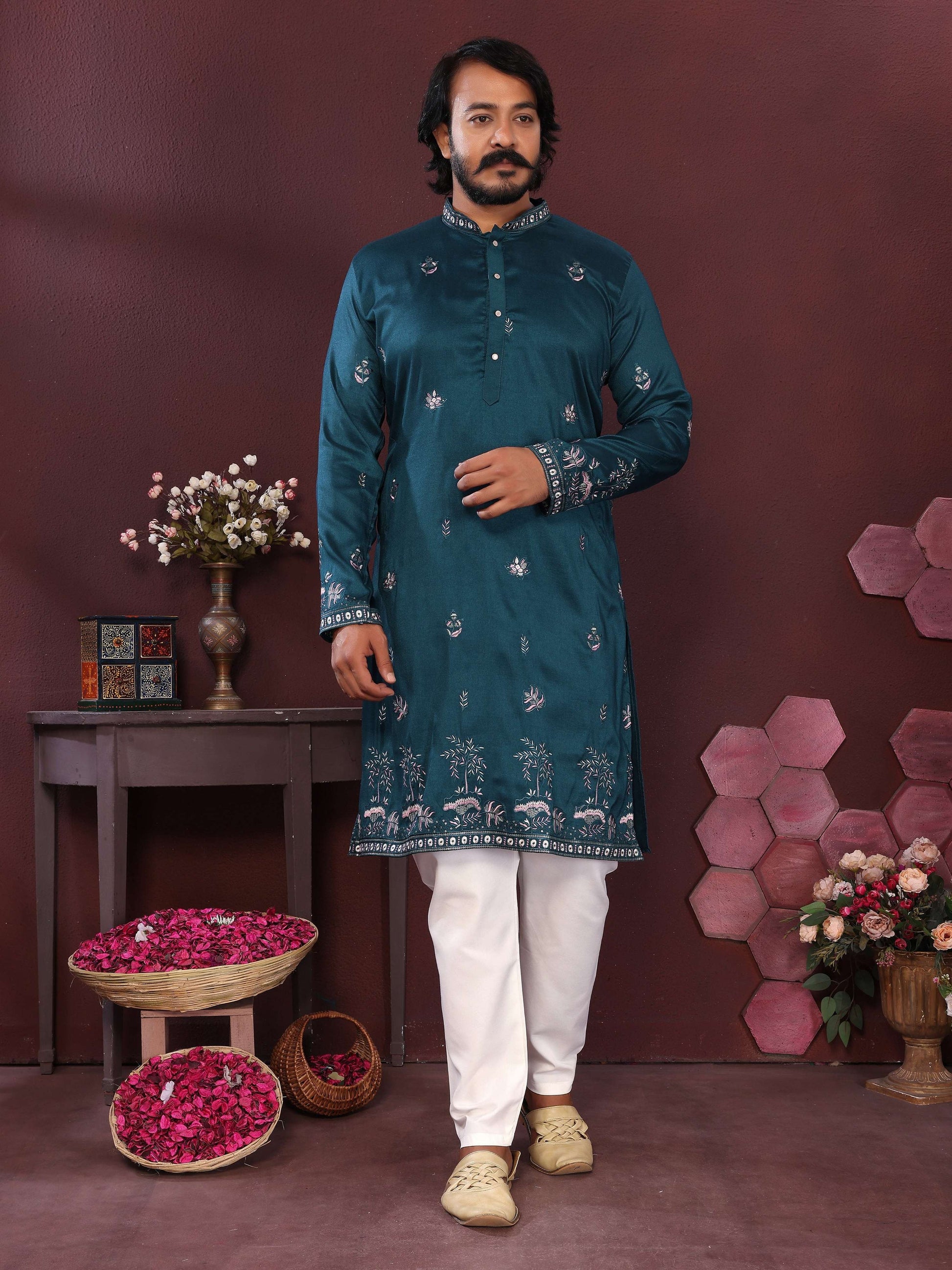 Jyoti Fashion Men's Teal Sequins Embroidered Kurta with Pajama | Swadesiicart