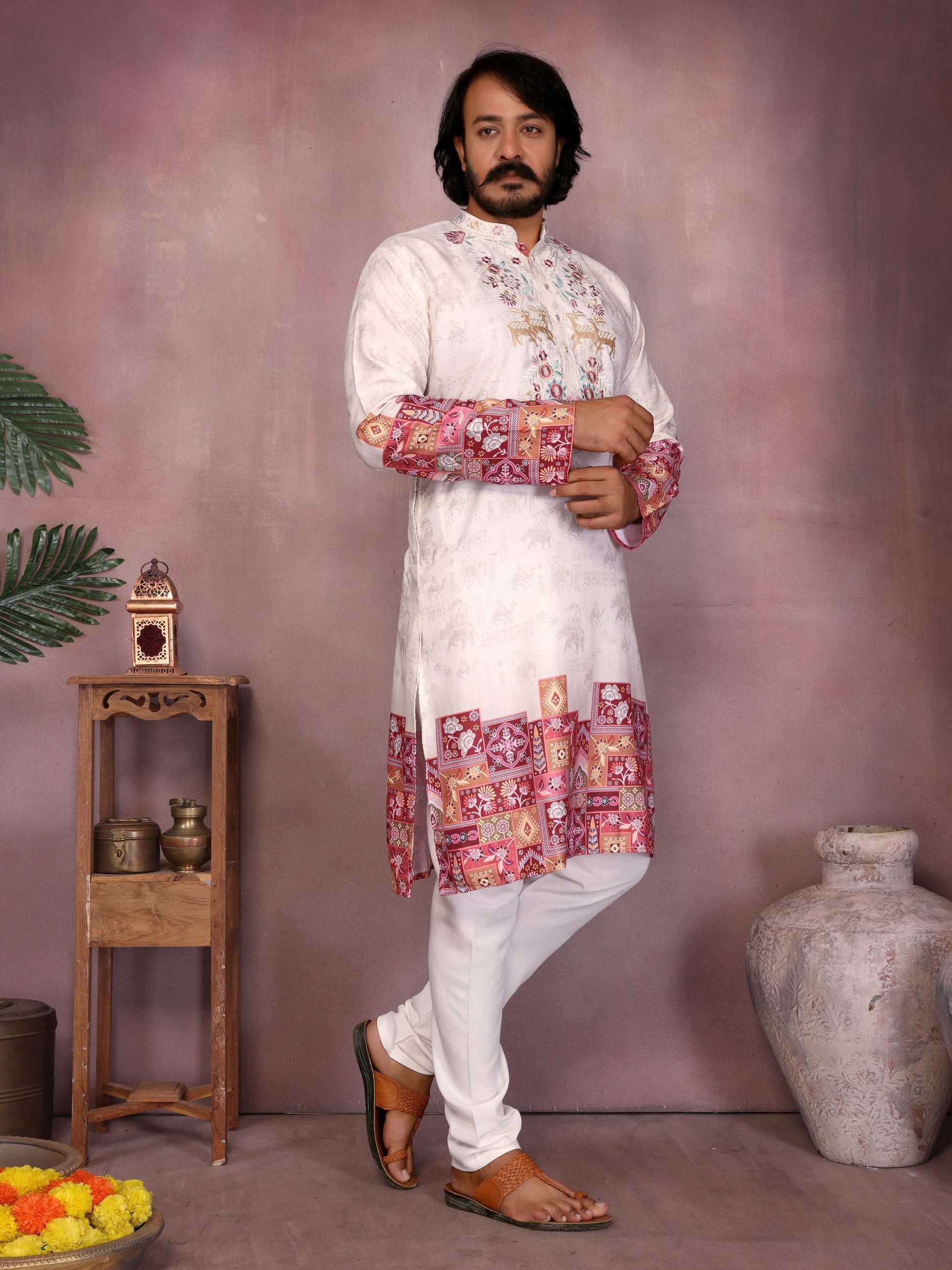 Jyoti Fashion Men's White Sequins Embroidered Kurta with Pajama | Swadesiicart