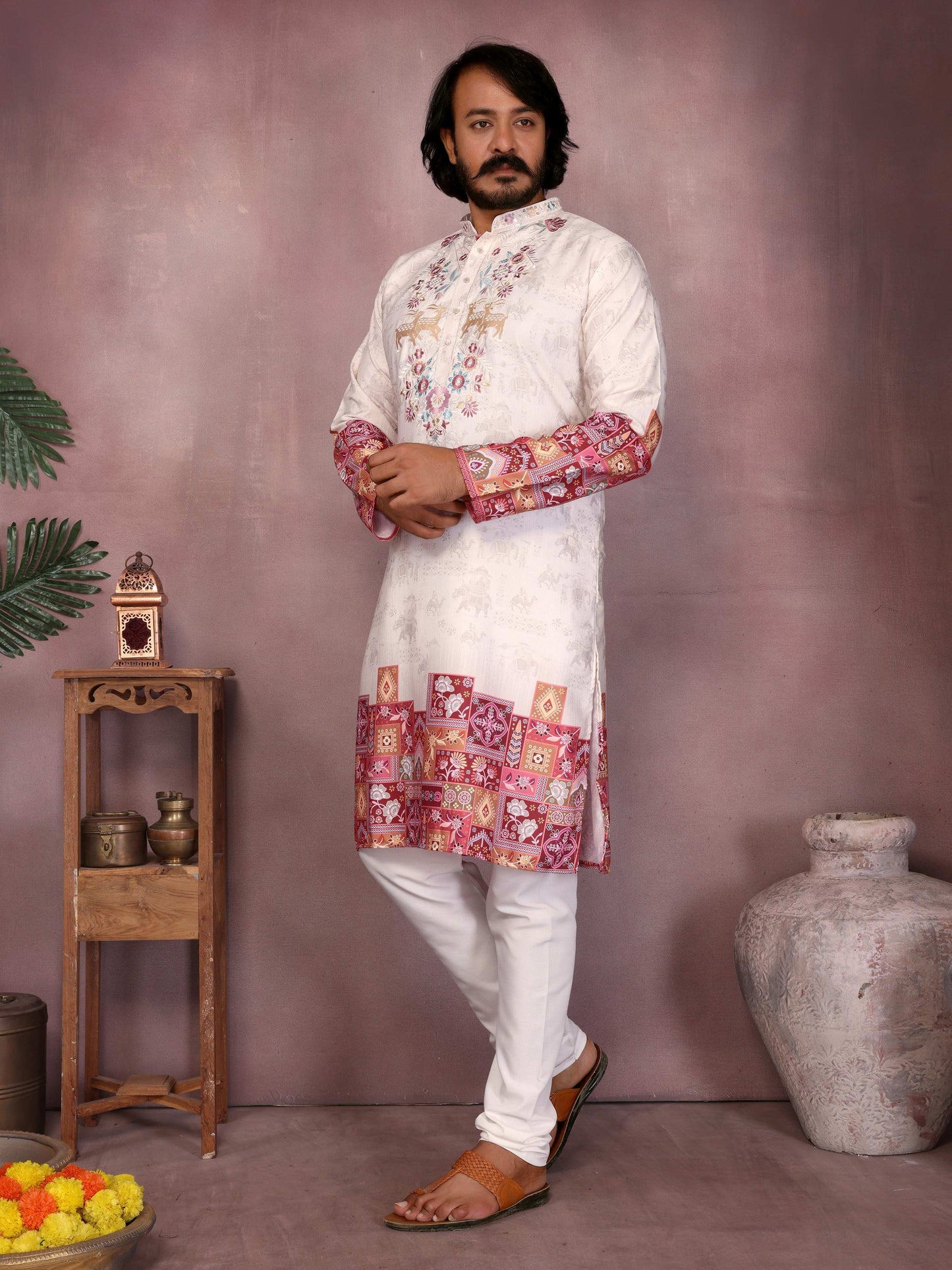 Jyoti Fashion Men's White Sequins Embroidered Kurta with Pajama | Swadesiicart