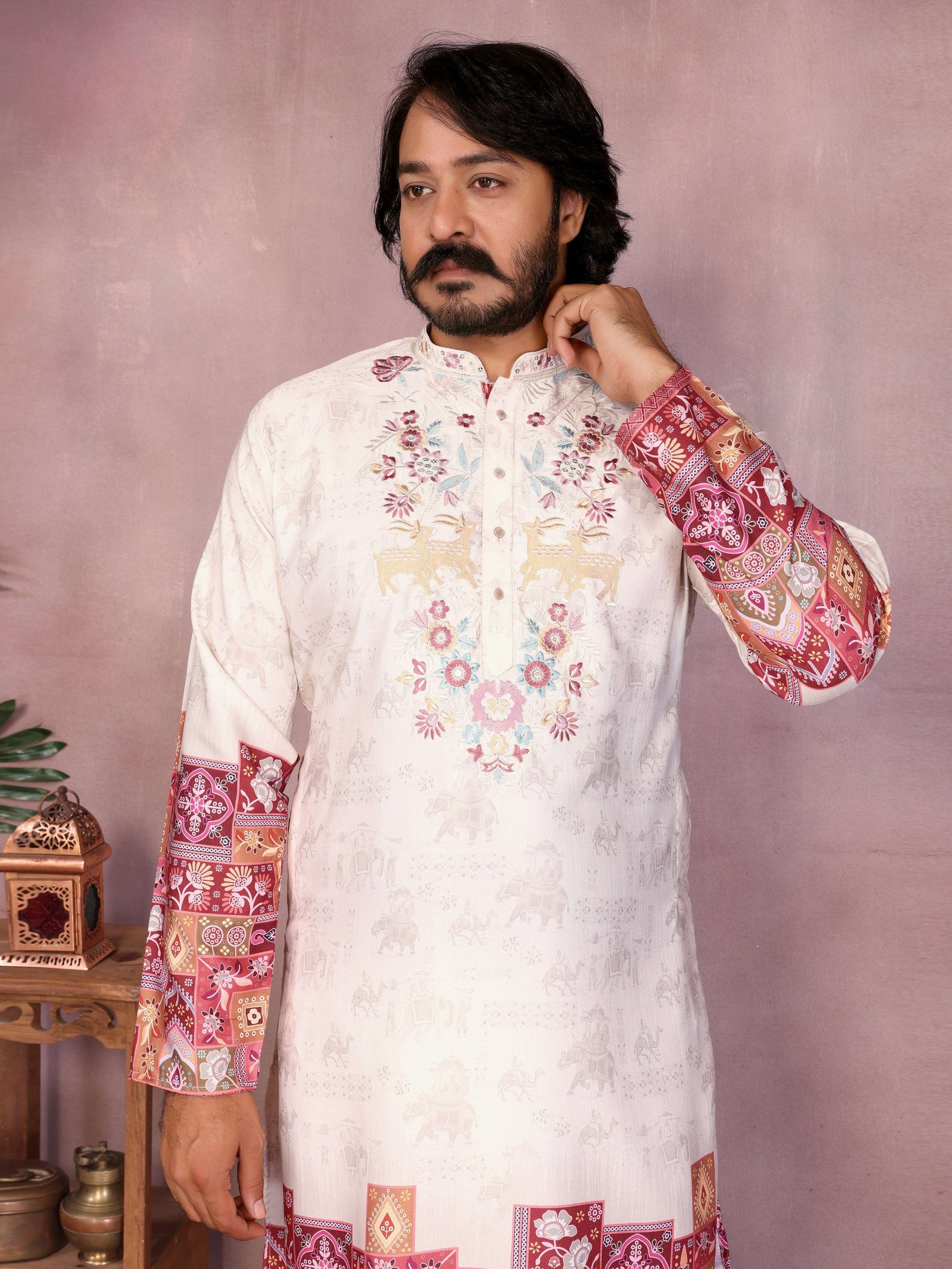 Jyoti Fashion Men's White Sequins Embroidered Kurta with Pajama | Swadesiicart
