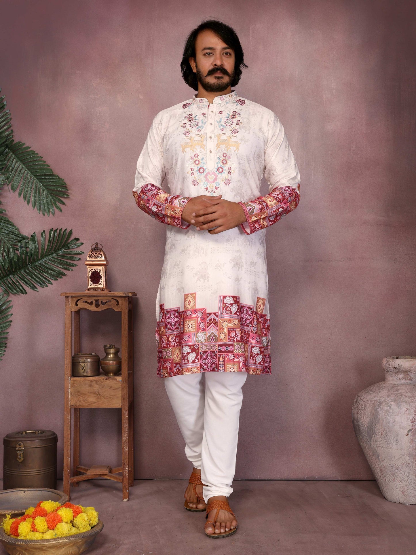 Jyoti Fashion Men's White Sequins Embroidered Kurta with Pajama | Swadesiicart