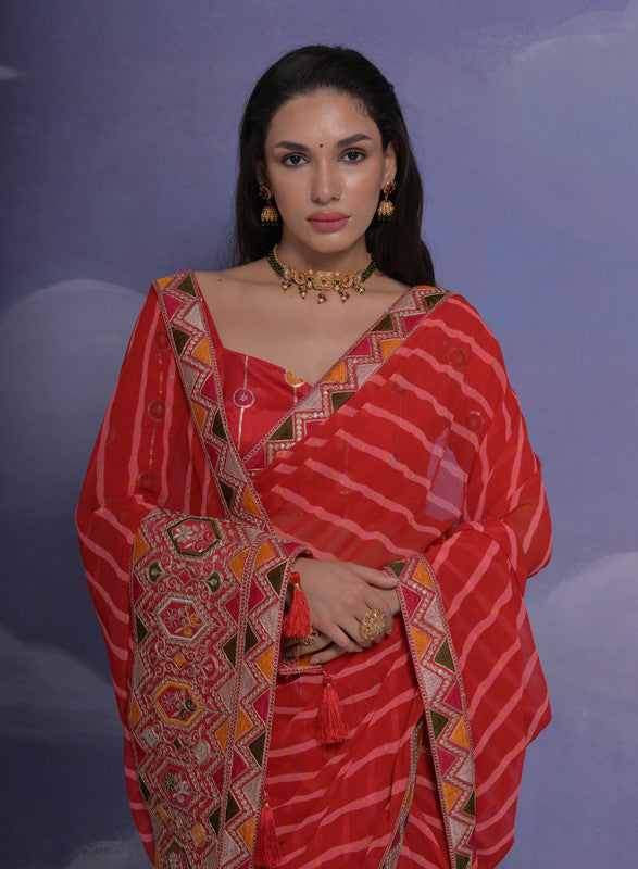 Jyoti Fashion Women's Red Coding Sequence Georgette Saree with Blouse | Swadesiicart