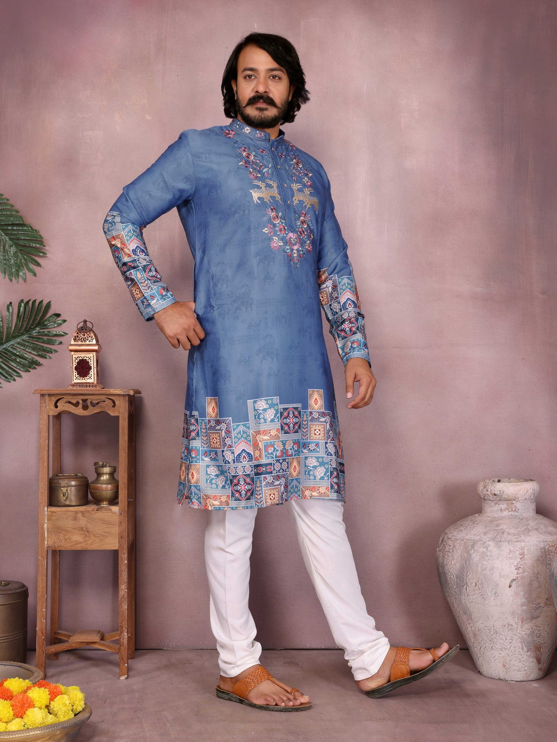Jyoti Fashion Men's Blue Sequins Embroidered Kurta with Pajama | Swadesiicart
