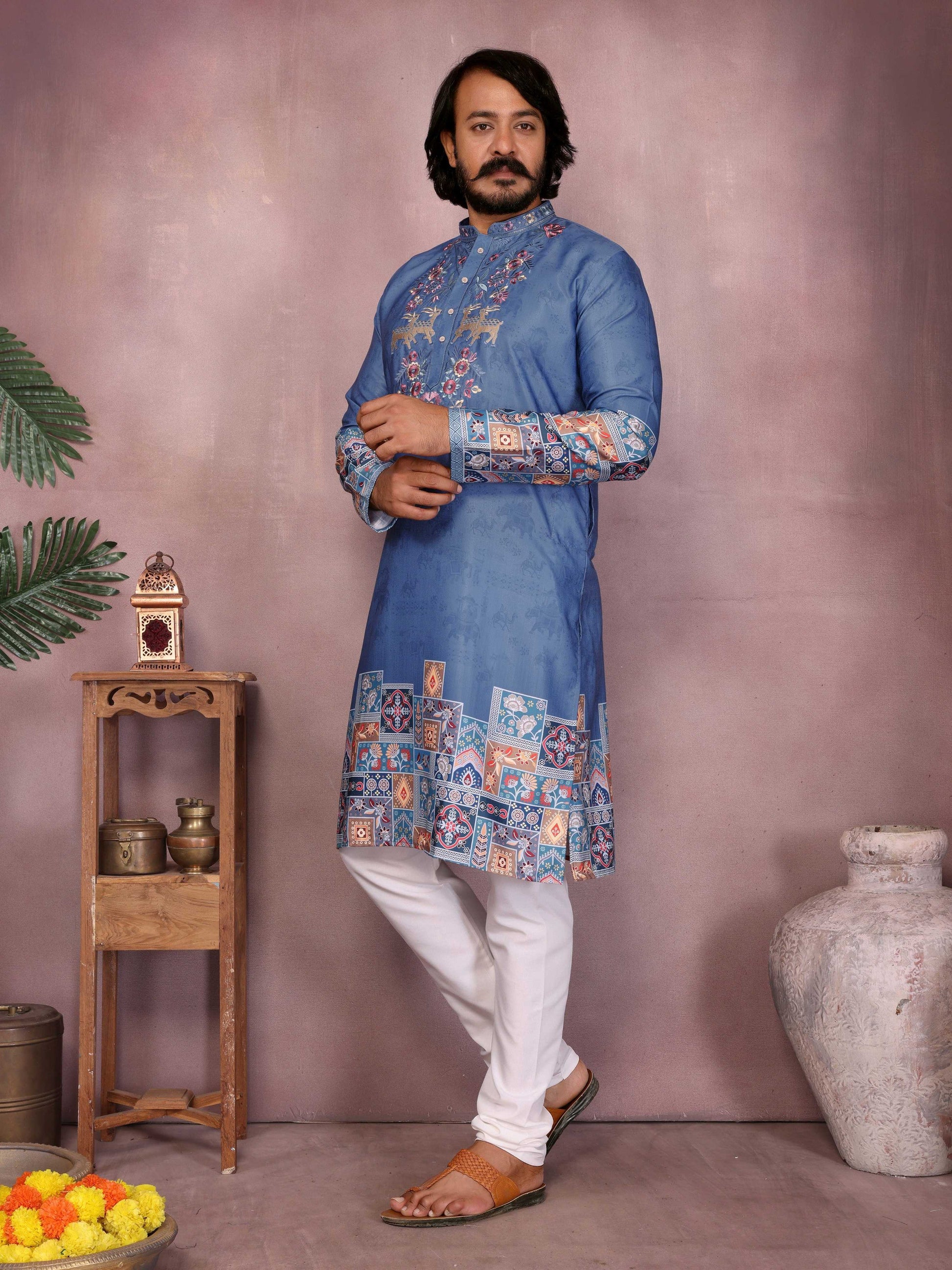 Jyoti Fashion Men's Blue Sequins Embroidered Kurta with Pajama | Swadesiicart