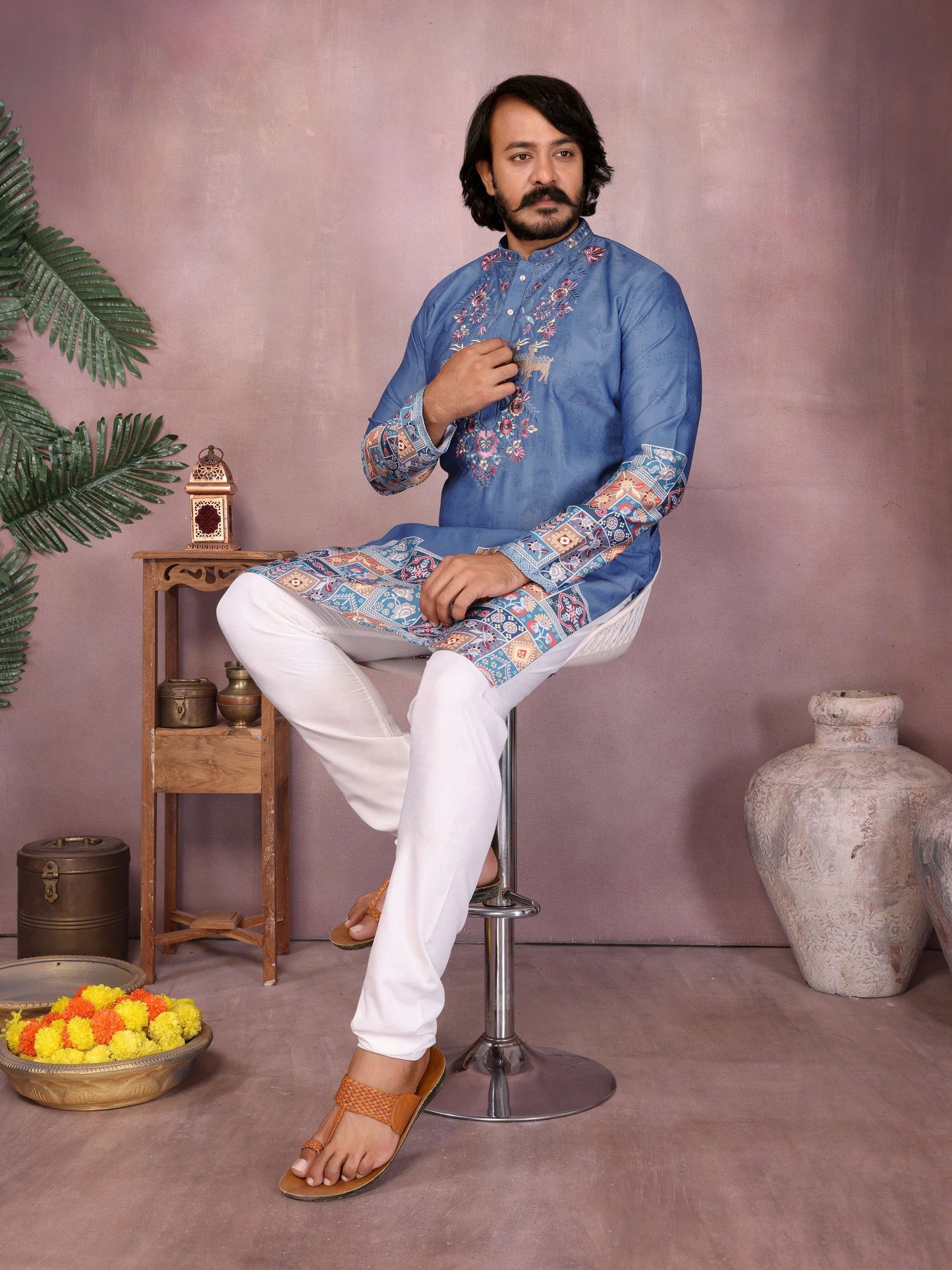 Jyoti Fashion Men's Blue Sequins Embroidered Kurta with Pajama | Swadesiicart