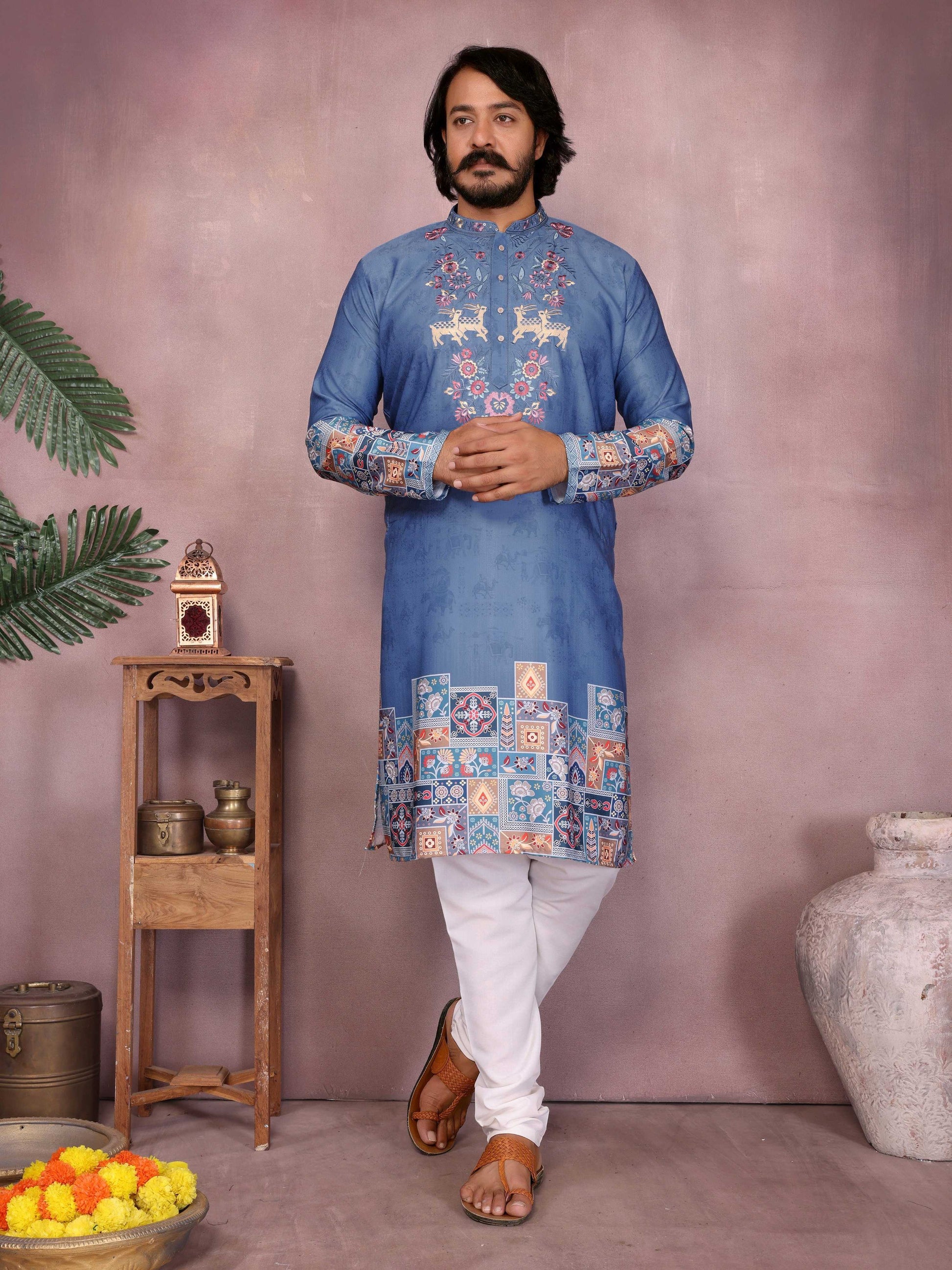 Jyoti Fashion Men's Blue Sequins Embroidered Kurta with Pajama | Swadesiicart