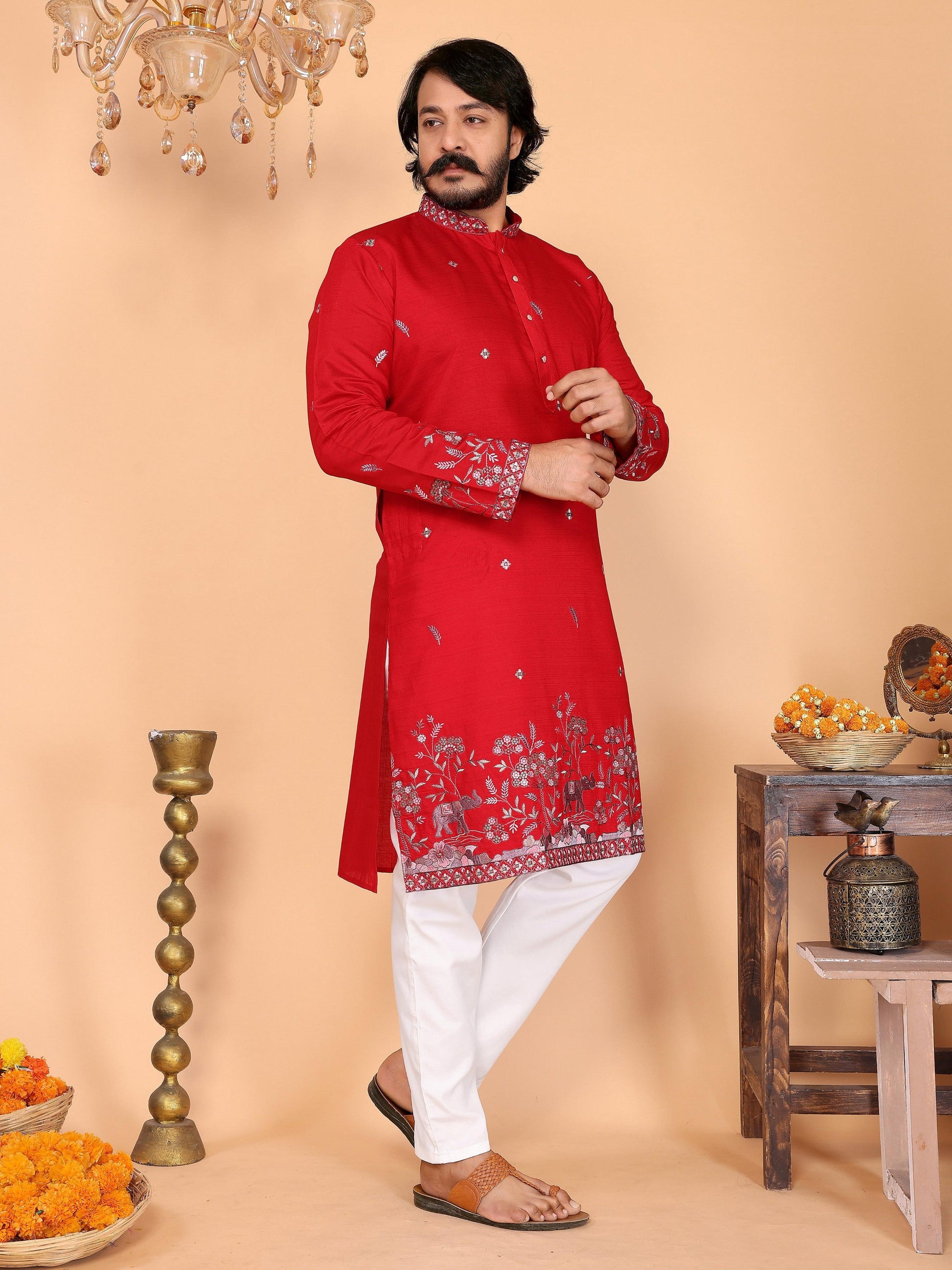 Jyoti Fashion Men's Red Sequins Embroidered Kurta with Pajama | Swadesiicart