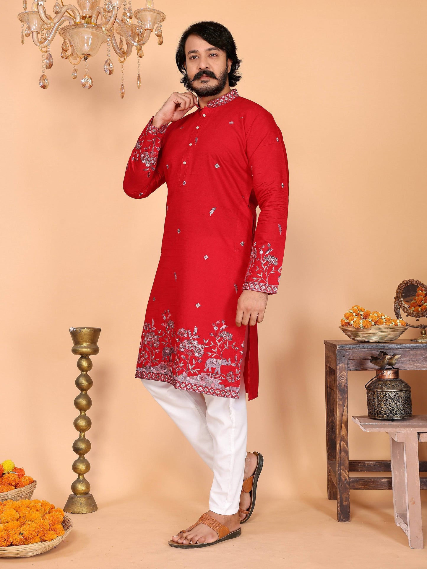 Jyoti Fashion Men's Red Sequins Embroidered Kurta with Pajama | Swadesiicart