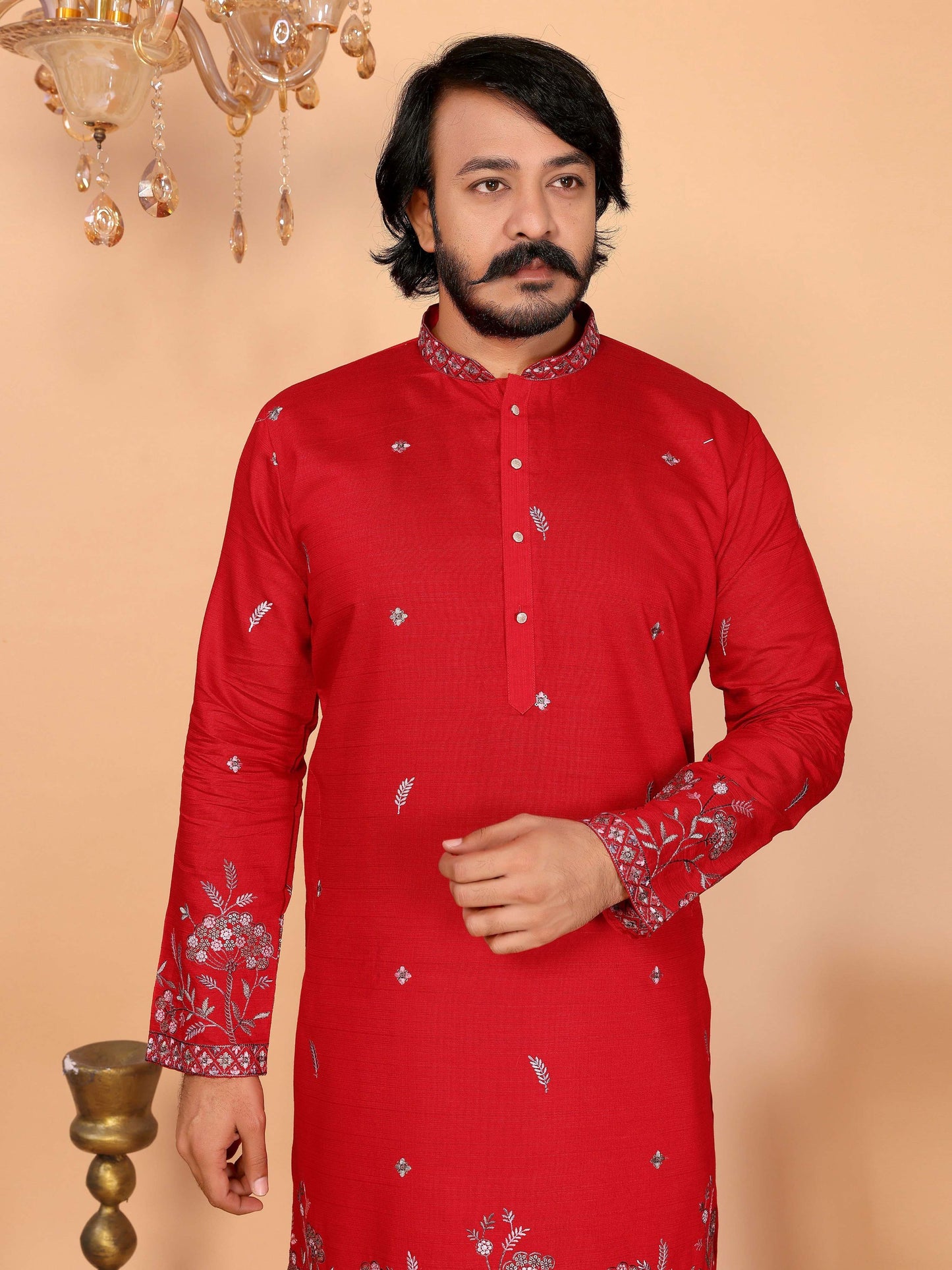 Jyoti Fashion Men's Red Sequins Embroidered Kurta with Pajama | Swadesiicart
