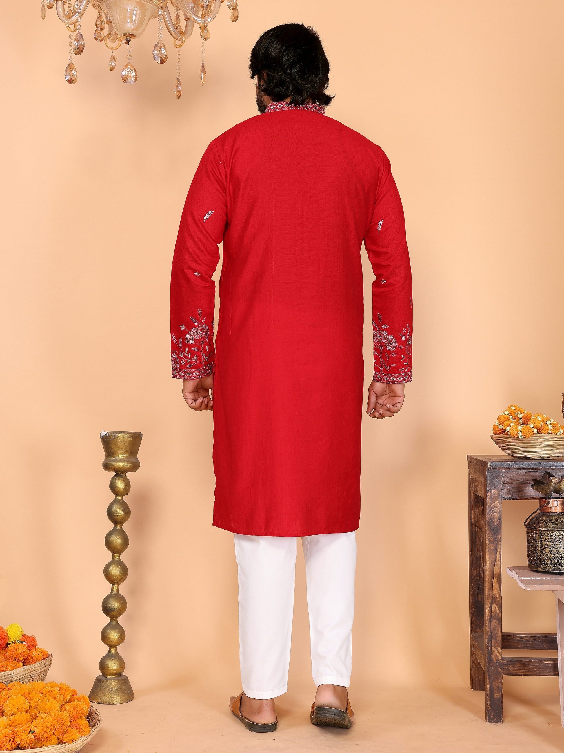 Jyoti Fashion Men's Red Sequins Embroidered Kurta with Pajama | Swadesiicart
