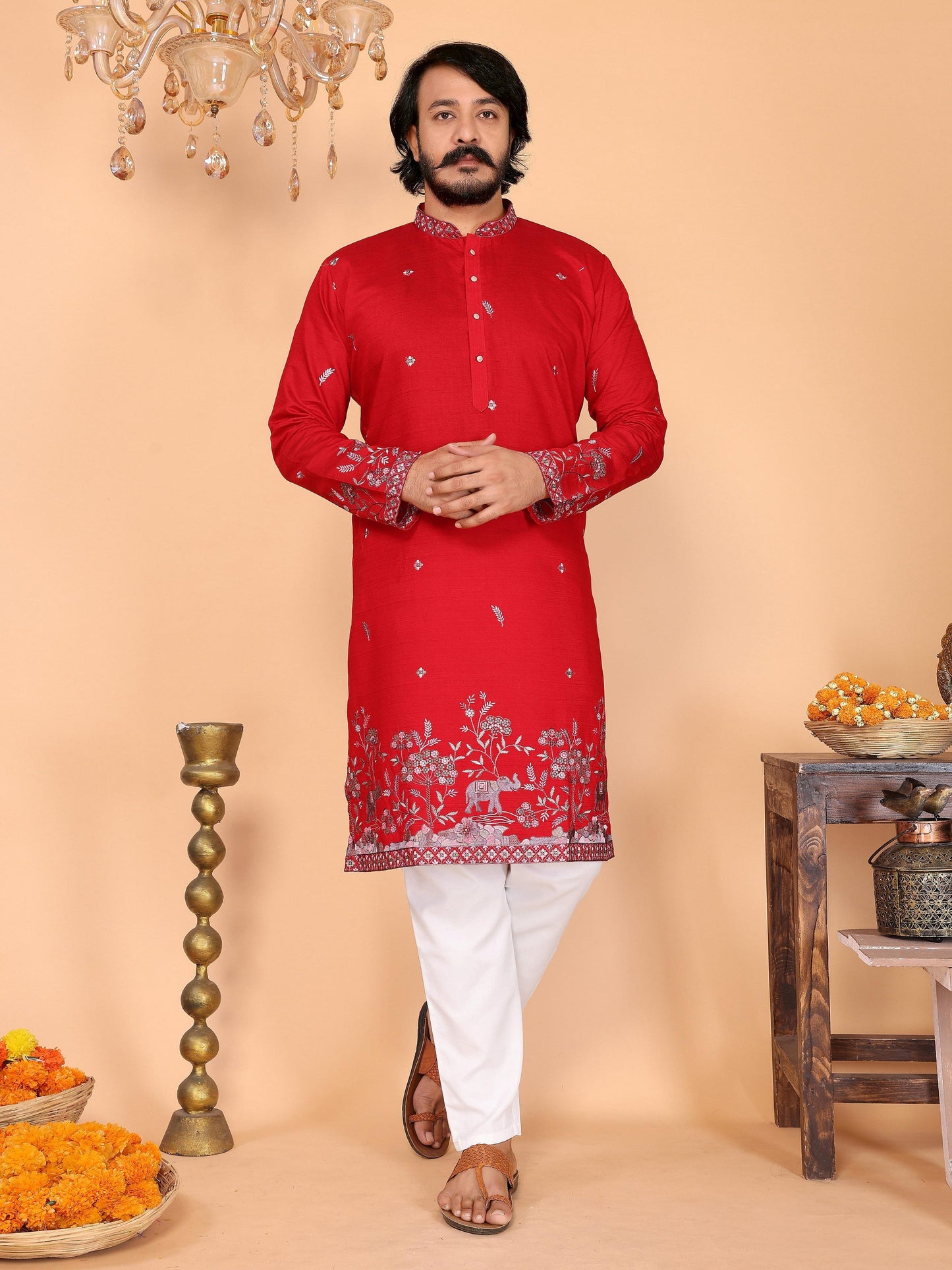Jyoti Fashion Men's Red Sequins Embroidered Kurta with Pajama | Swadesiicart