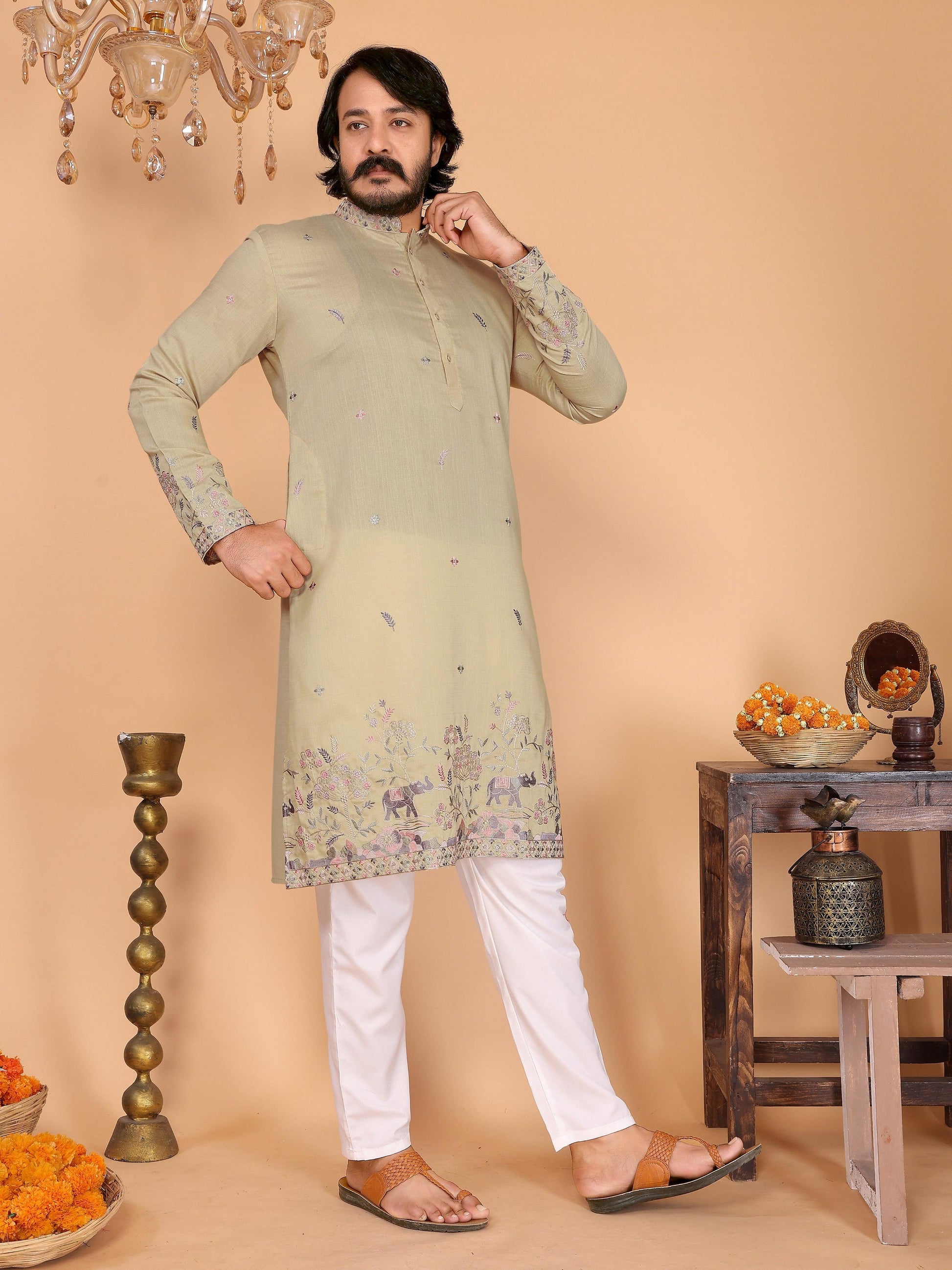 Jyoti Fashion Men's Sea Green Sequins Embroidered Kurta with Pajama | Swadesiicart