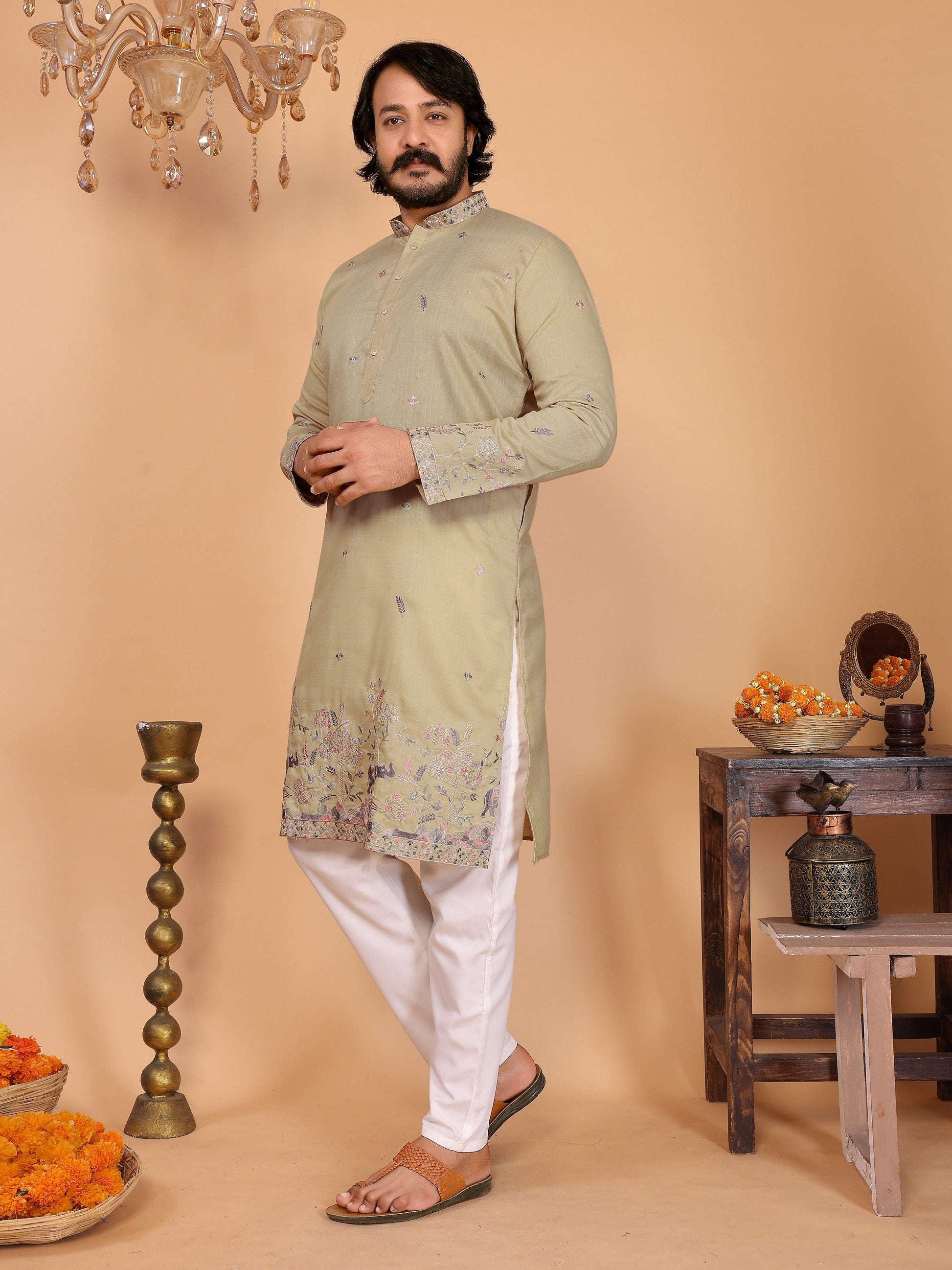 Jyoti Fashion Men's Sea Green Sequins Embroidered Kurta with Pajama | Swadesiicart