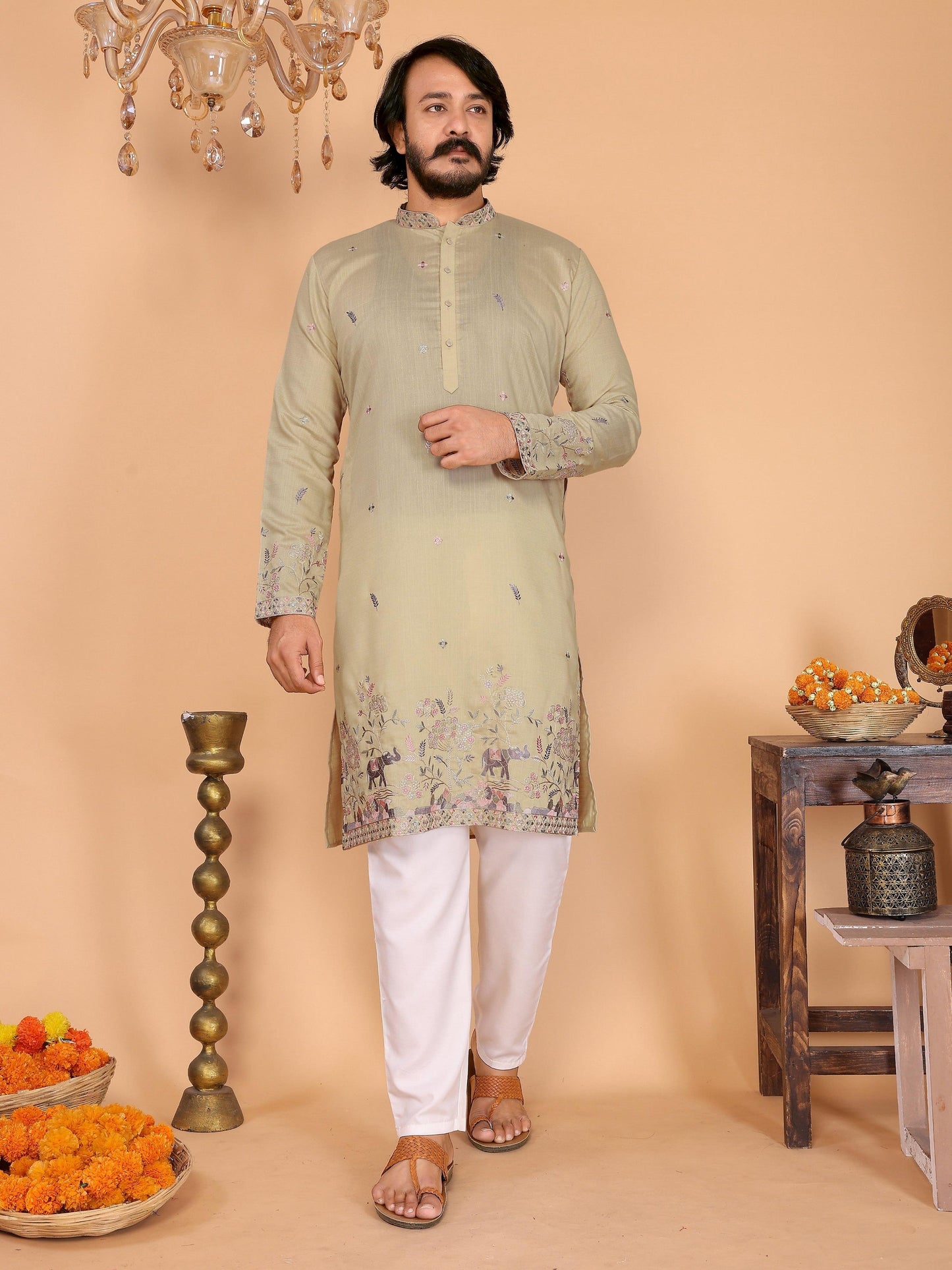 Jyoti Fashion Men's Sea Green Sequins Embroidered Kurta with Pajama | Swadesiicart