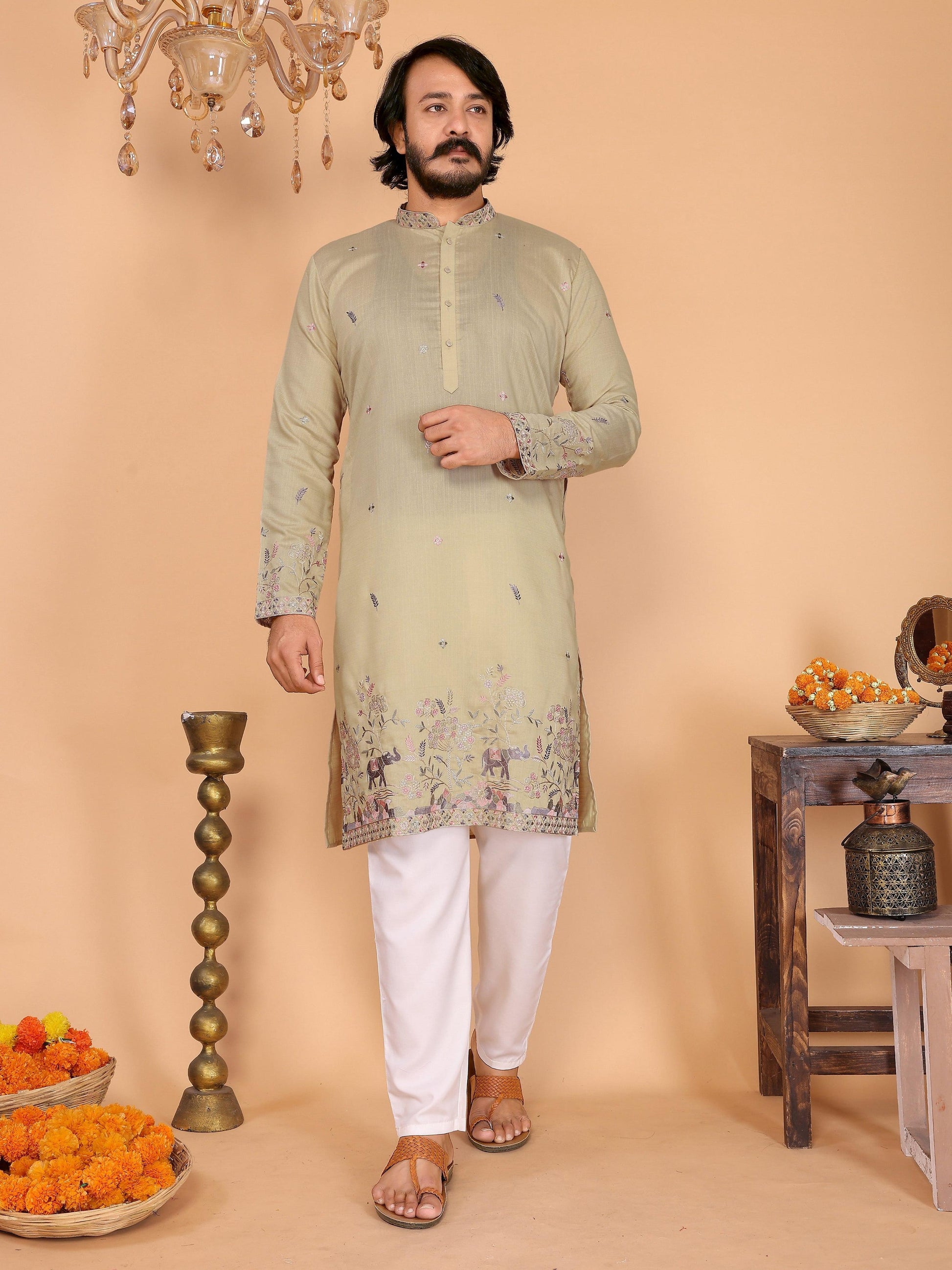 Jyoti Fashion Men's Sea Green Sequins Embroidered Kurta with Pajama | Swadesiicart