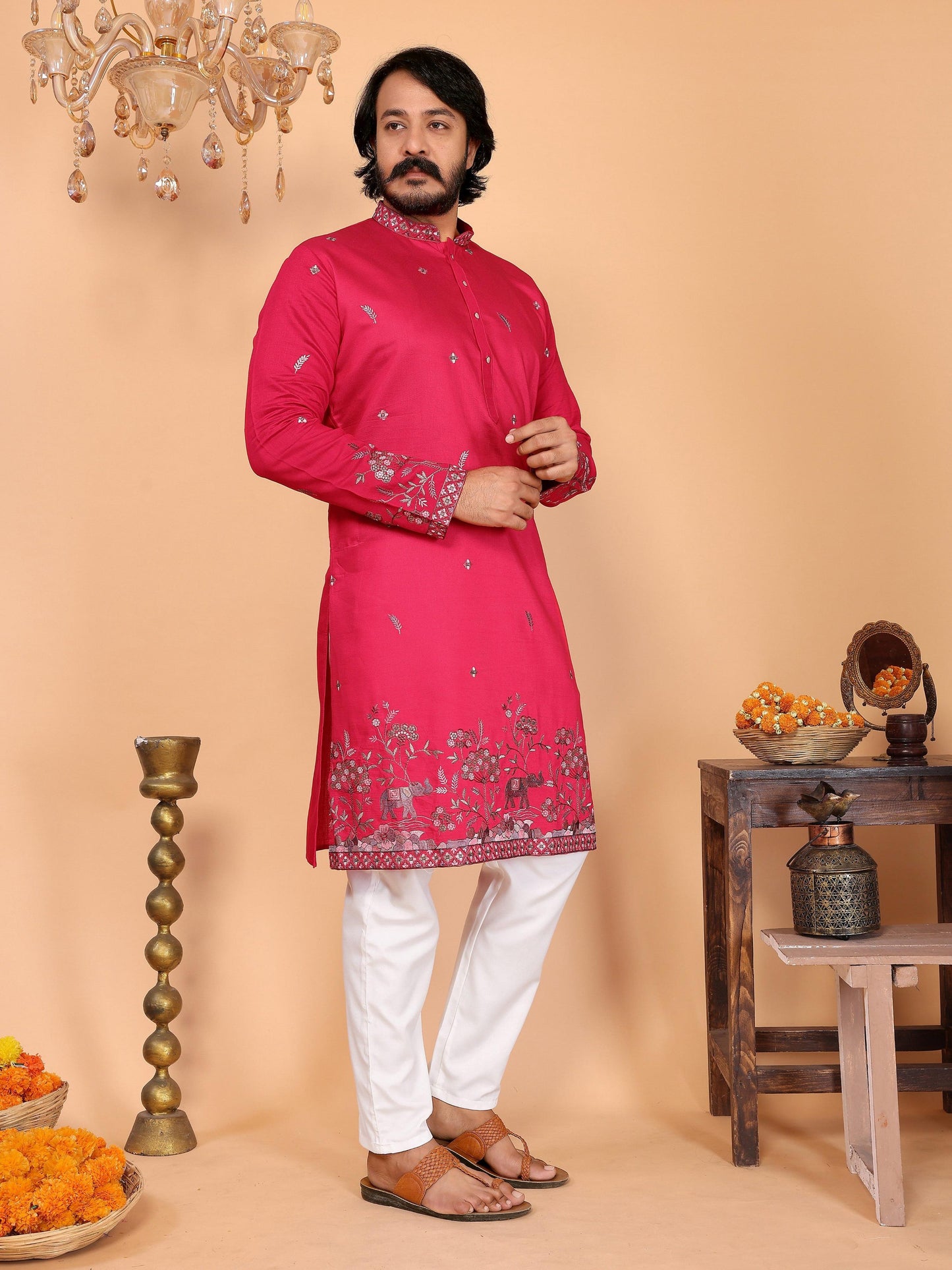 Jyoti Fashion Men's Pink Sequins Embroidered Kurta with Pajama | Swadesiicart