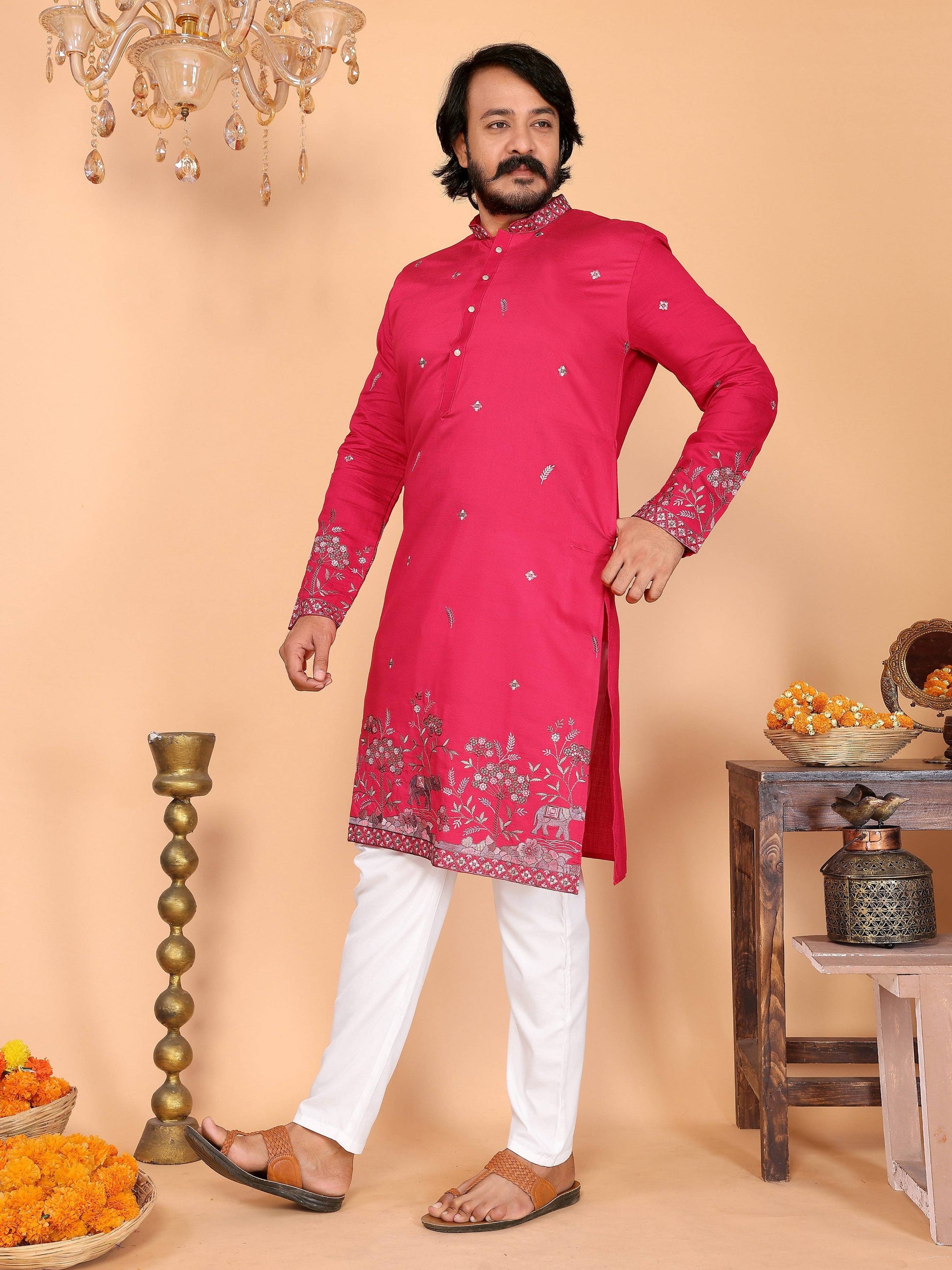 Jyoti Fashion Men's Pink Sequins Embroidered Kurta with Pajama | Swadesiicart