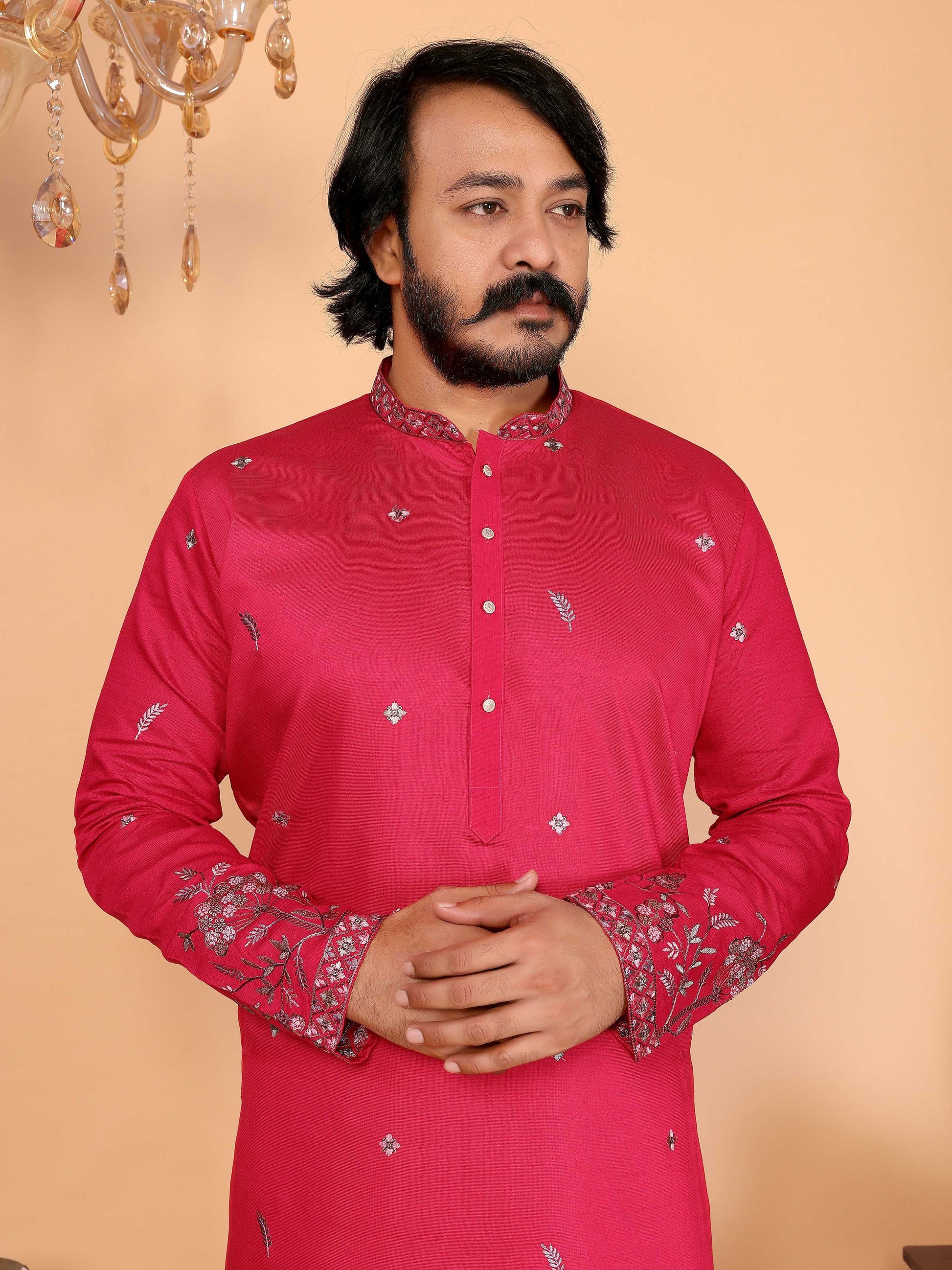 Jyoti Fashion Men's Pink Sequins Embroidered Kurta with Pajama | Swadesiicart