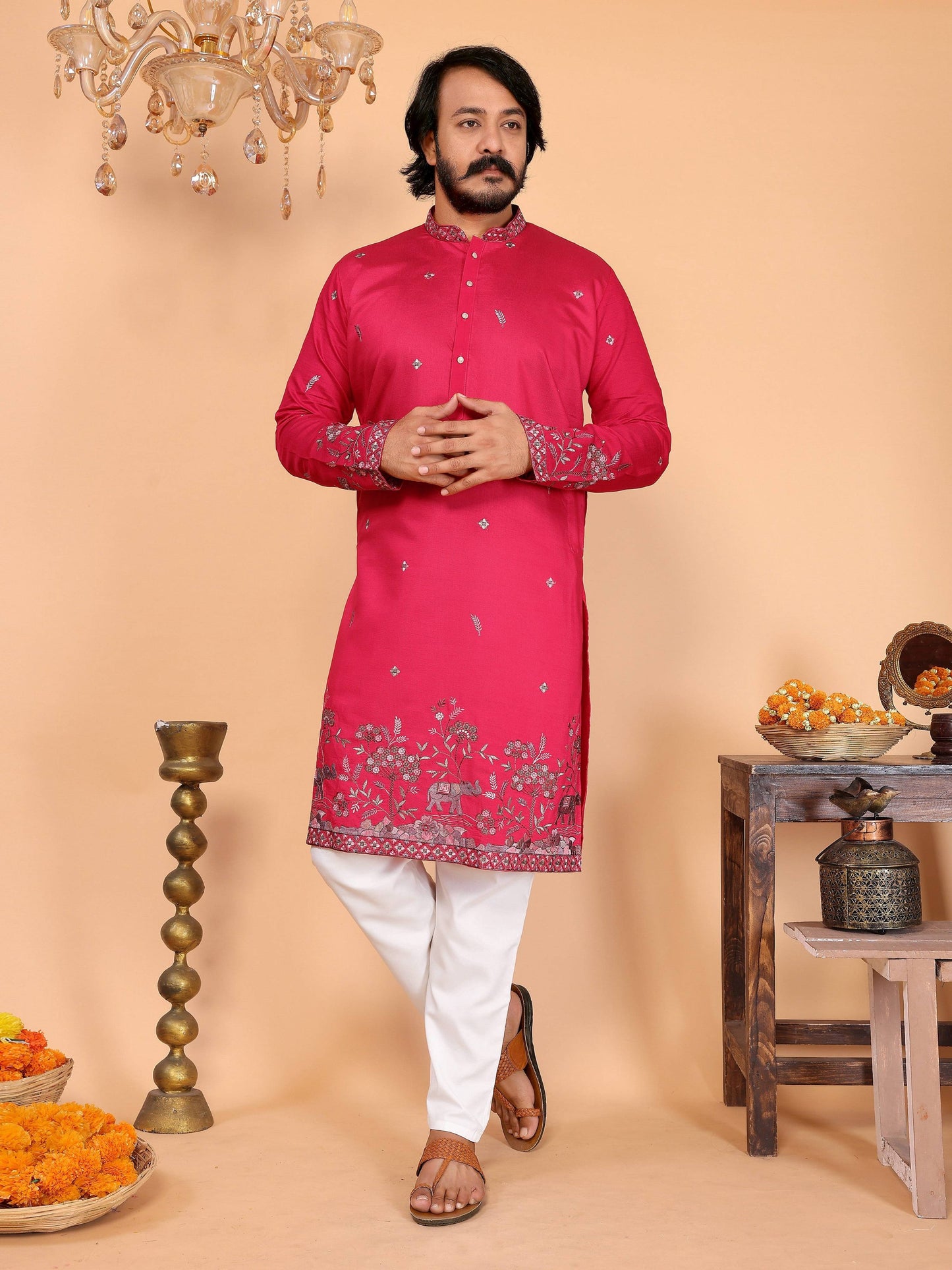 Jyoti Fashion Men's Pink Sequins Embroidered Kurta with Pajama | Swadesiicart