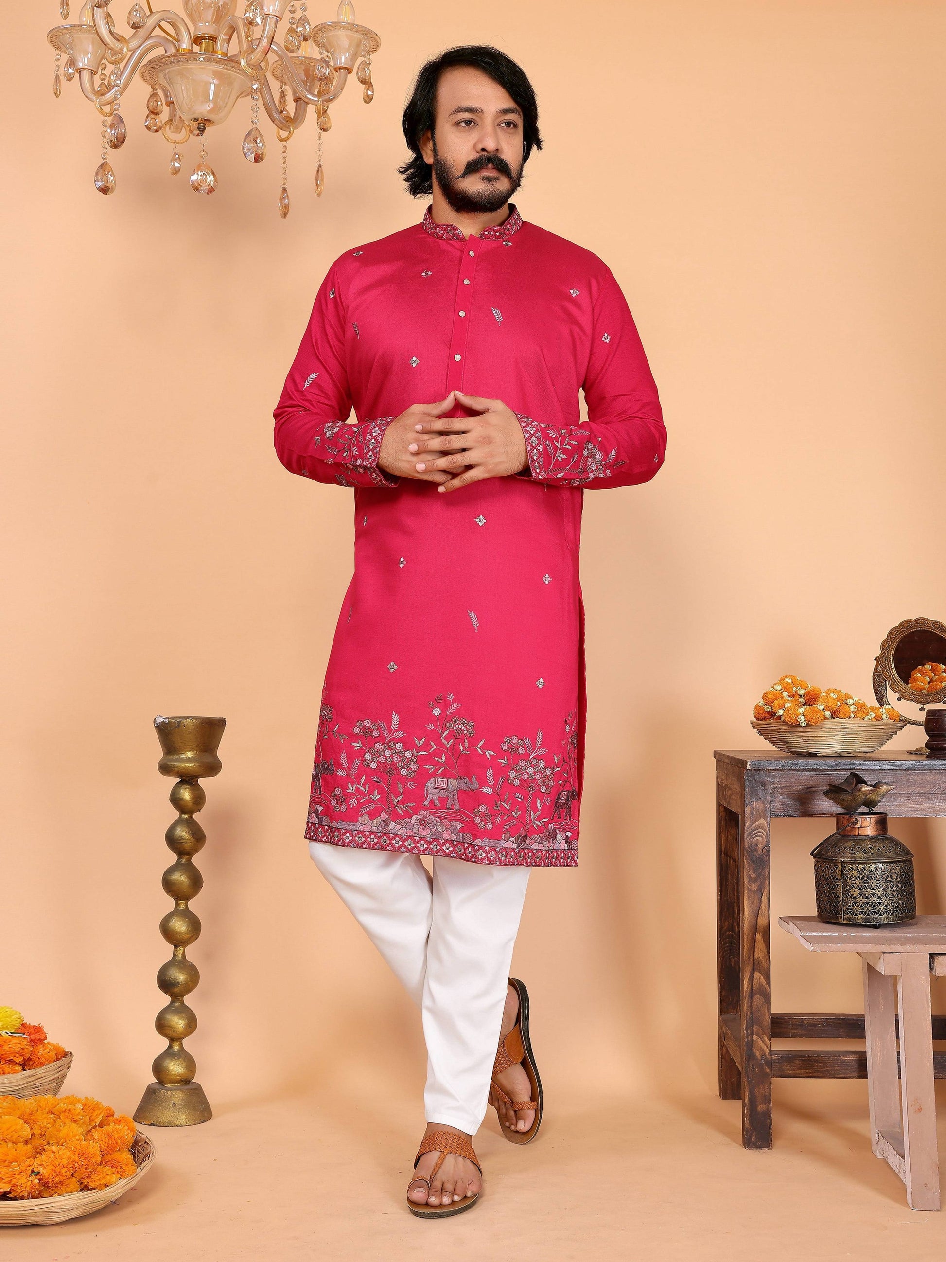 Jyoti Fashion Men's Pink Sequins Embroidered Kurta with Pajama | Swadesiicart