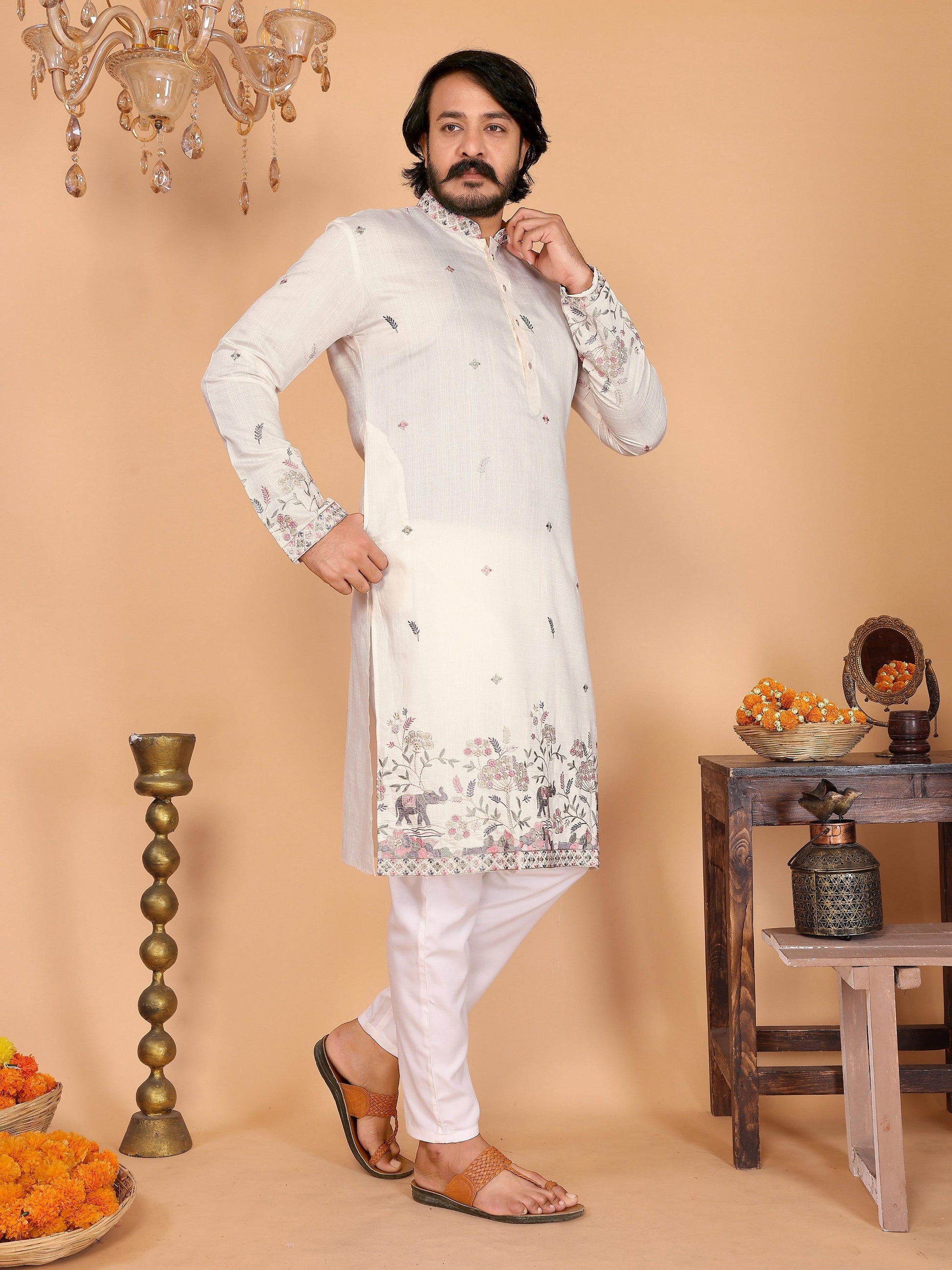 Jyoti Fashion Men's White Sequins Embroidered Kurta with Pajama | Swadesiicart