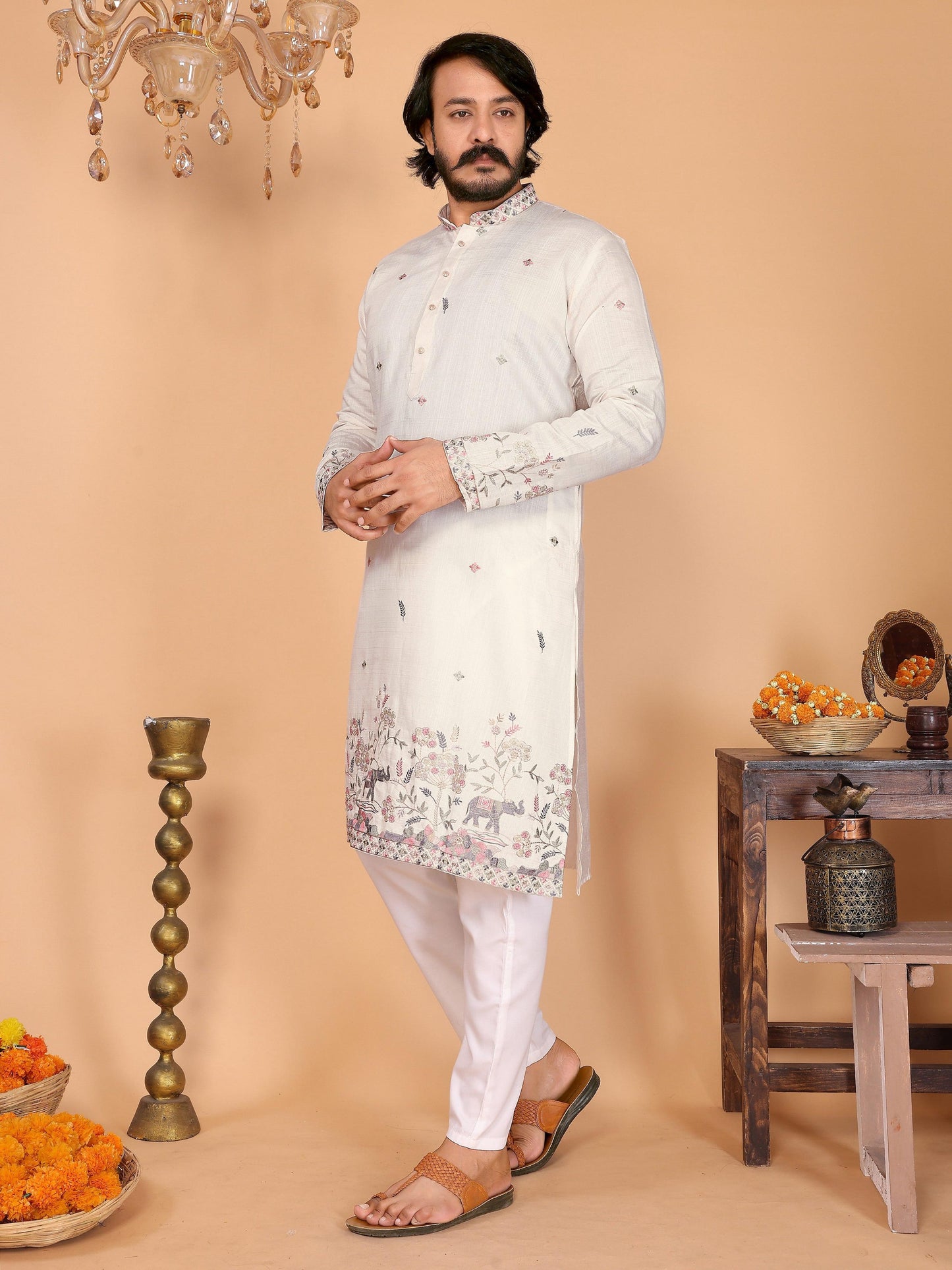Jyoti Fashion Men's White Sequins Embroidered Kurta with Pajama | Swadesiicart