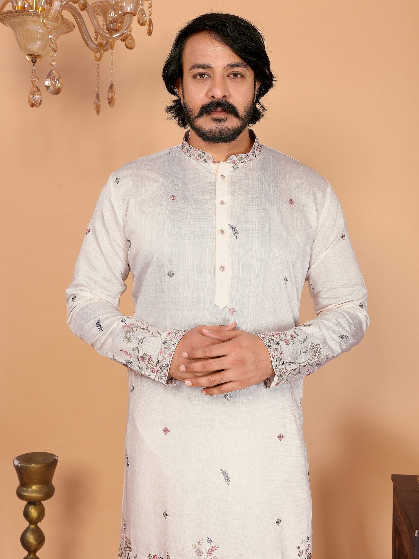 Jyoti Fashion Men's White Sequins Embroidered Kurta with Pajama | Swadesiicart