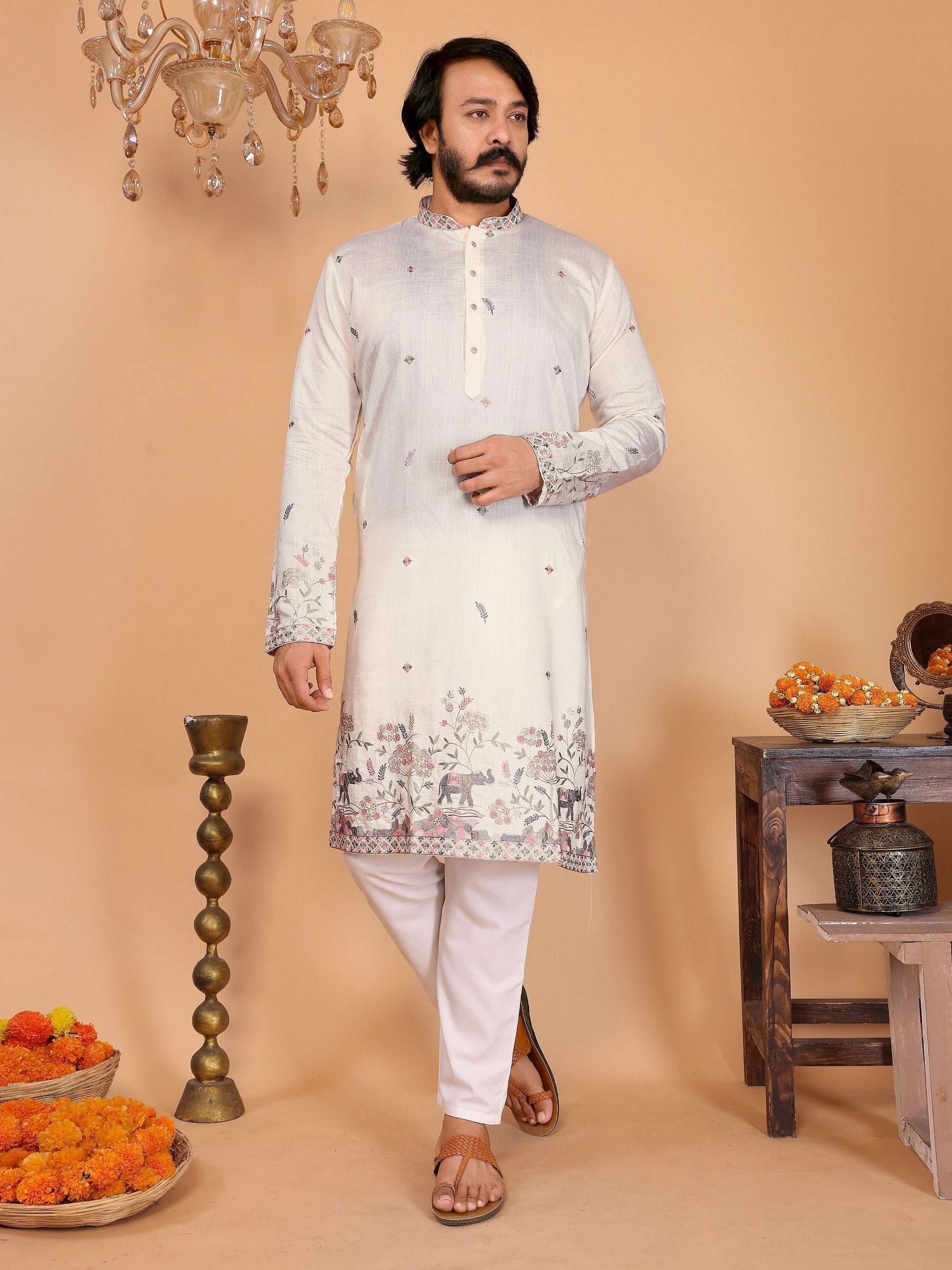 Jyoti Fashion Men's White Sequins Embroidered Kurta with Pajama | Swadesiicart