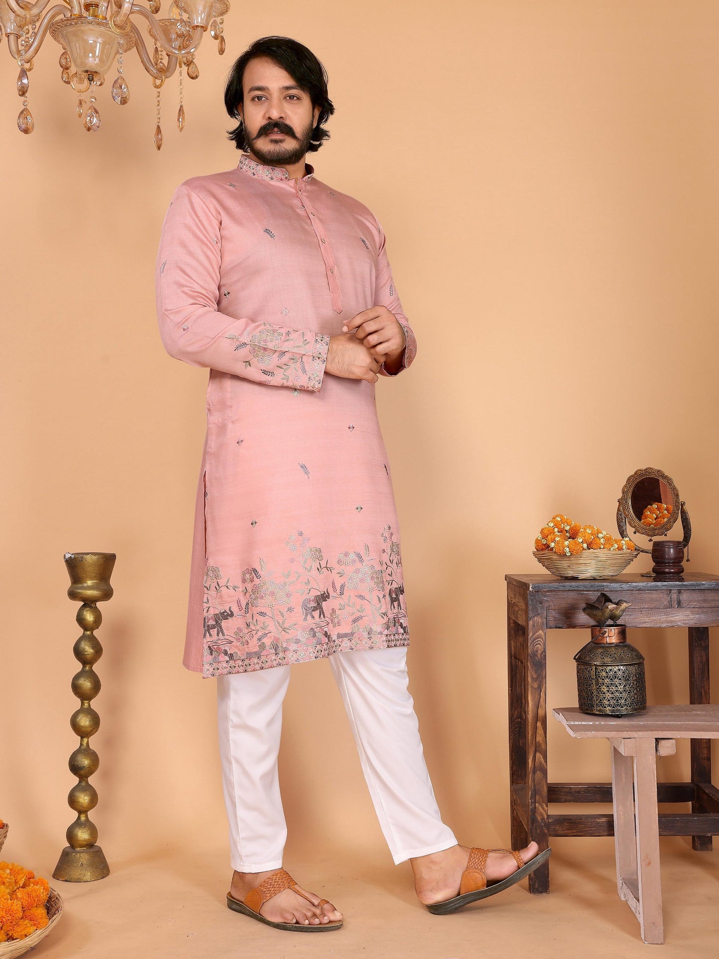 Jyoti Fashion Men's Peach Sequins Embroidered Kurta with Pajama | Swadesiicart