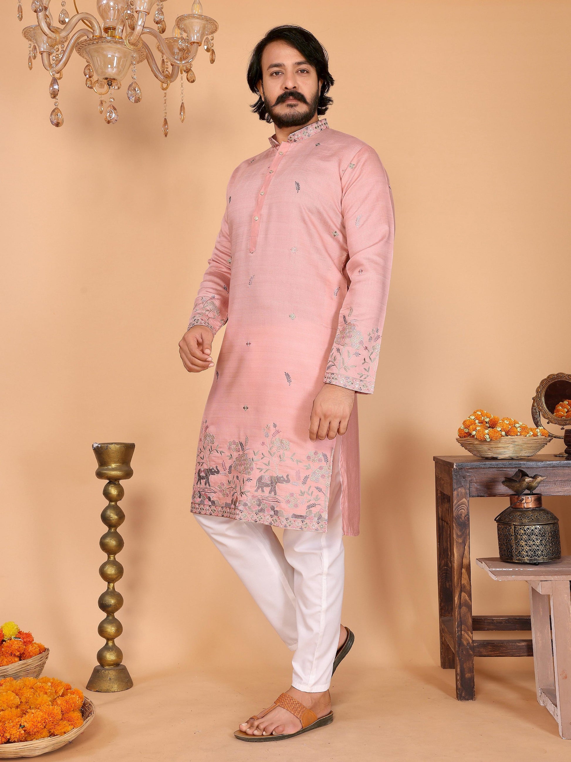 Jyoti Fashion Men's Peach Sequins Embroidered Kurta with Pajama | Swadesiicart