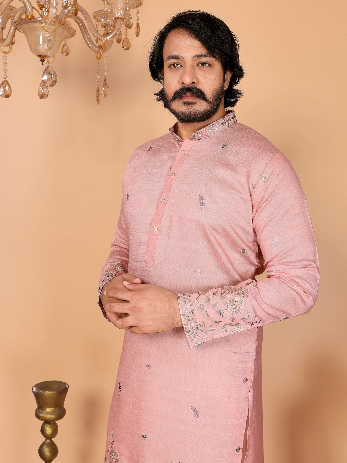 Jyoti Fashion Men's Peach Sequins Embroidered Kurta with Pajama | Swadesiicart