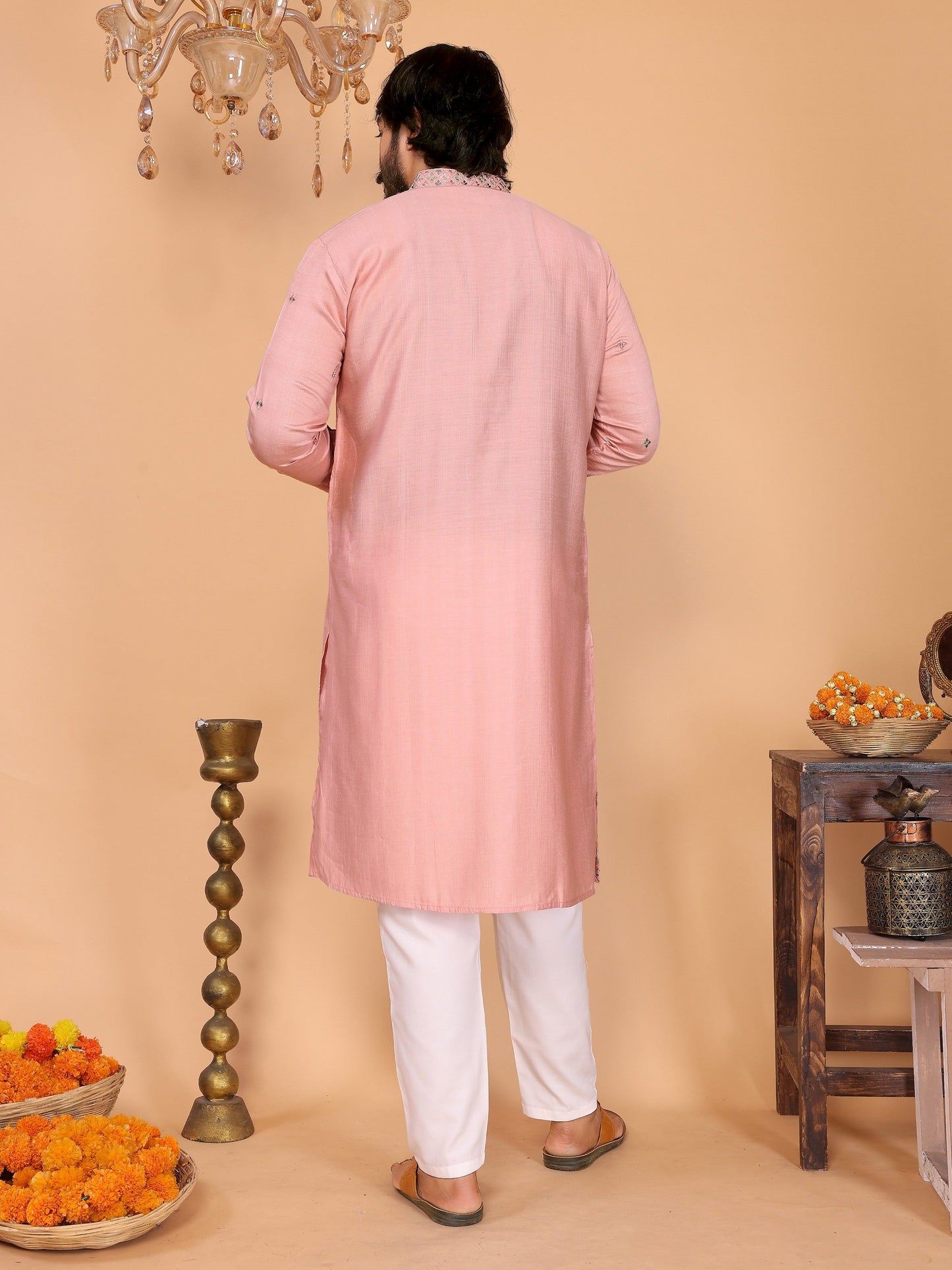 Jyoti Fashion Men's Peach Sequins Embroidered Kurta with Pajama | Swadesiicart