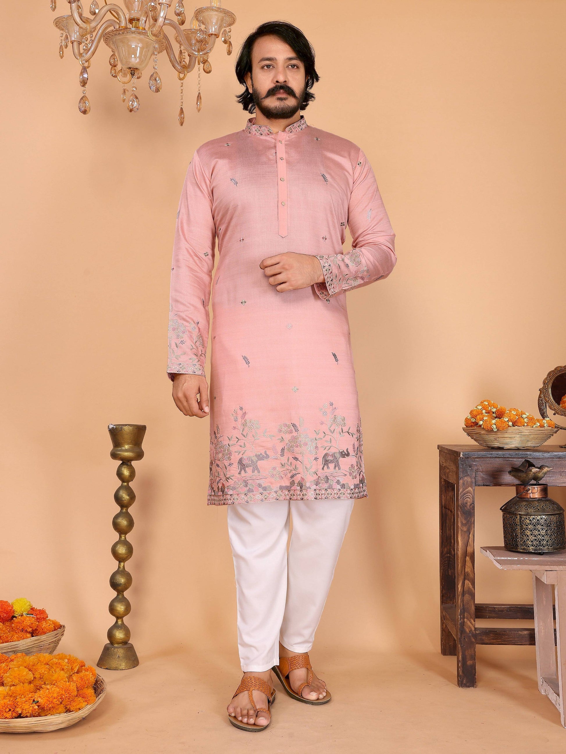 Jyoti Fashion Men's Peach Sequins Embroidered Kurta with Pajama | Swadesiicart