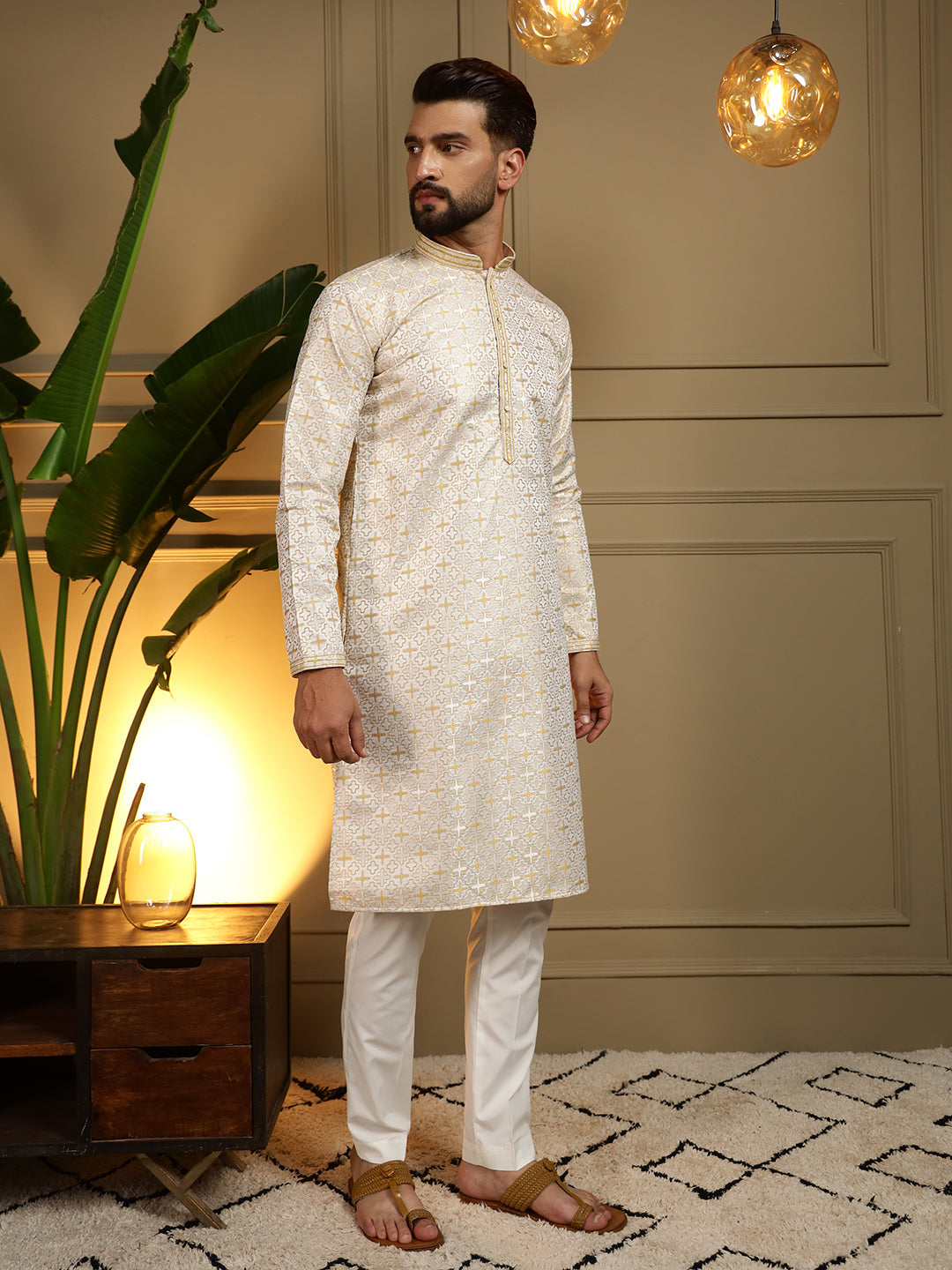 Jyoti Fashion Men's Mustard Jacquard Woven Kurta with Pajama | Swadesiicart