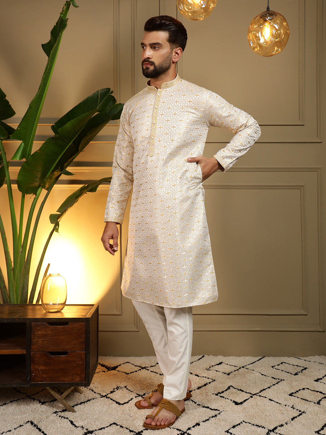 Jyoti Fashion Men's Mustard Jacquard Woven Kurta with Pajama | Swadesiicart