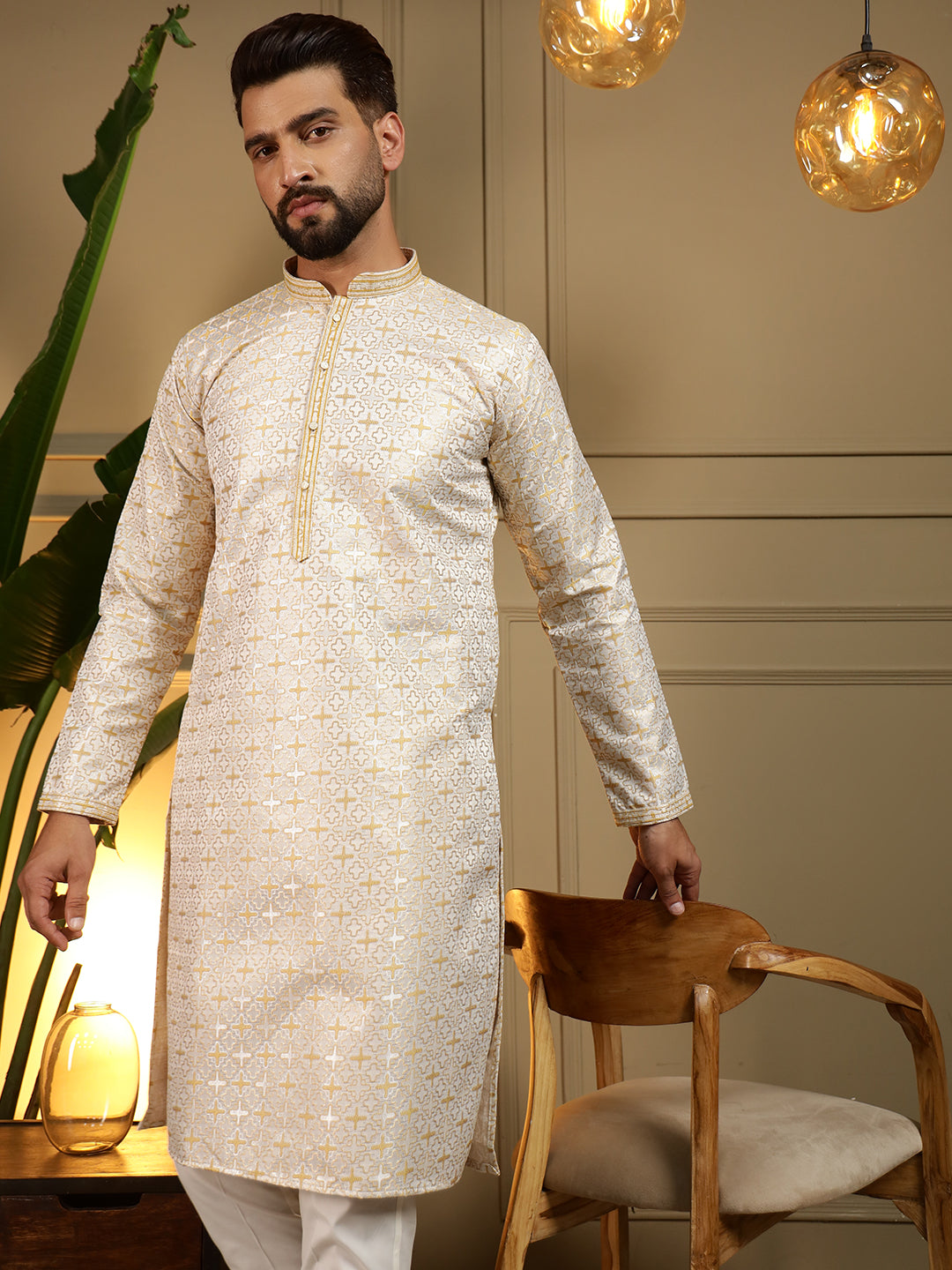Jyoti Fashion Men's Mustard Jacquard Woven Kurta with Pajama | Swadesiicart