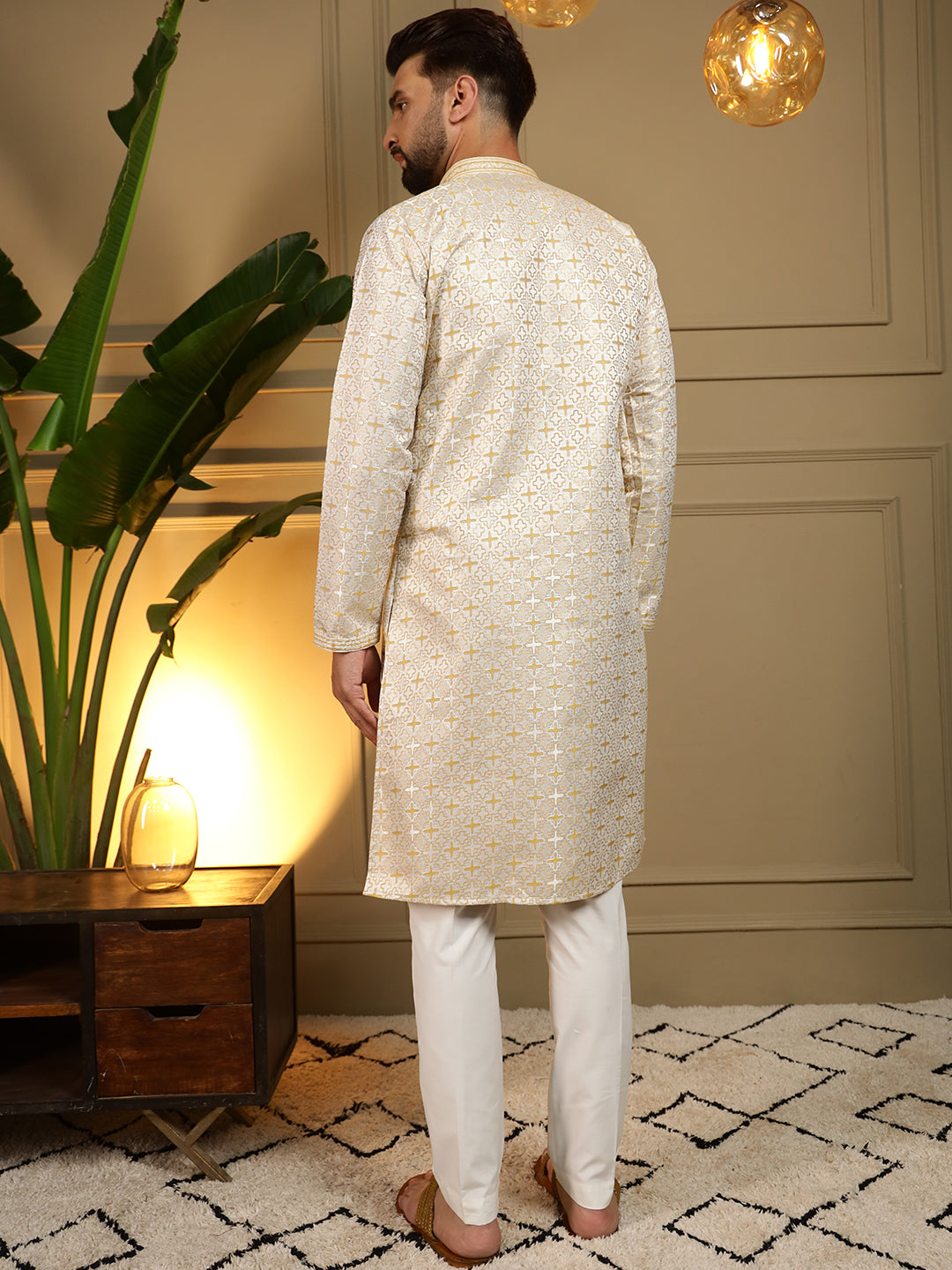 Jyoti Fashion Men's Mustard Jacquard Woven Kurta with Pajama | Swadesiicart