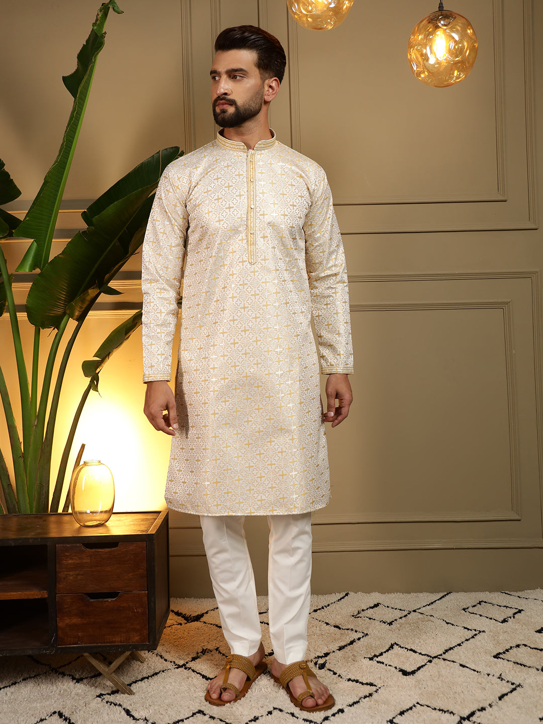 Jyoti Fashion Men's Mustard Jacquard Woven Kurta with Pajama | Swadesiicart