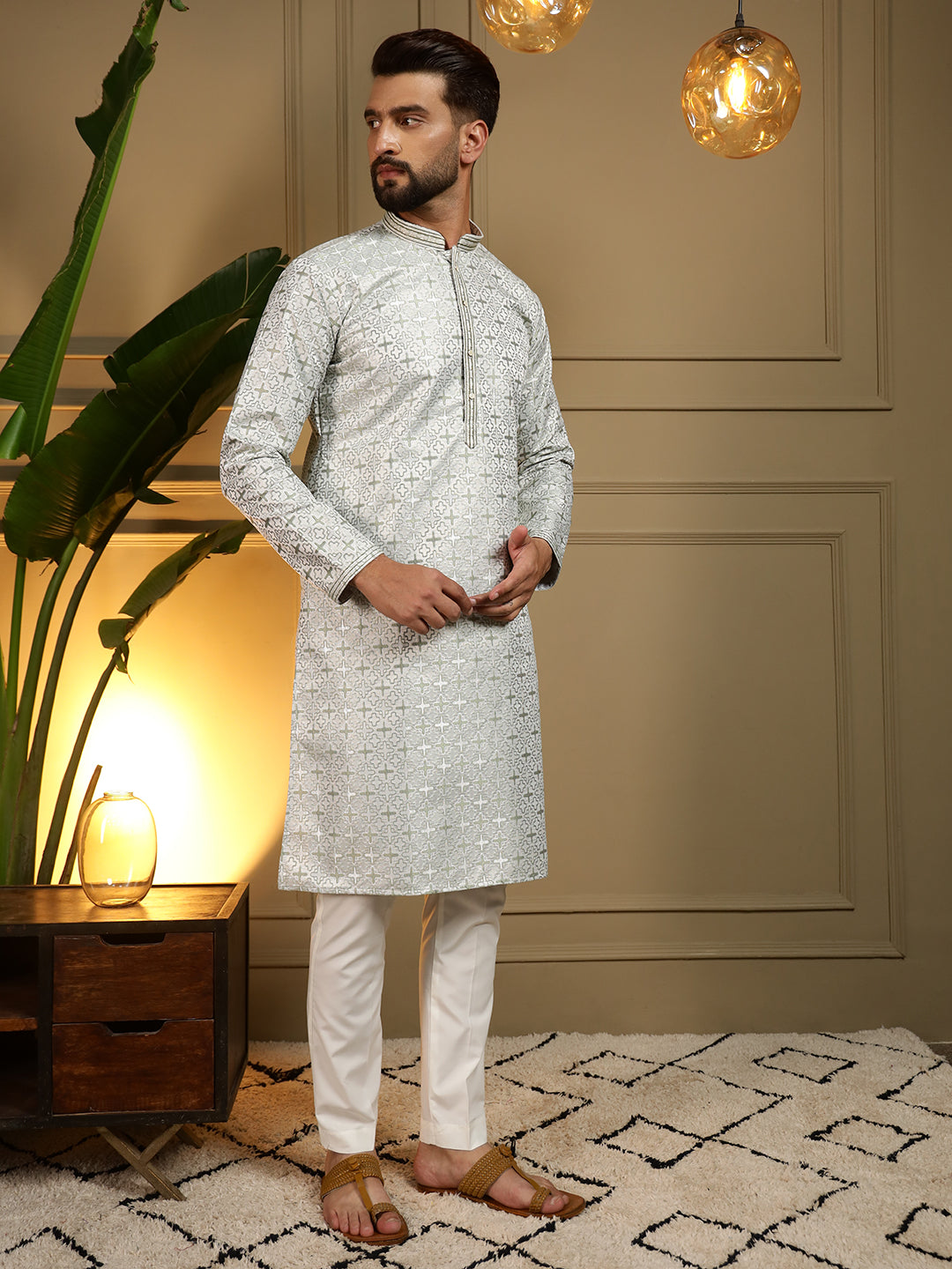 Jyoti Fashion Men's Mehendi Jacquard Woven Kurta with Pajama | Swadesiicart