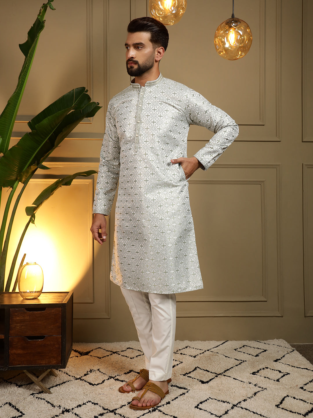 Jyoti Fashion Men's Mehendi Jacquard Woven Kurta with Pajama | Swadesiicart