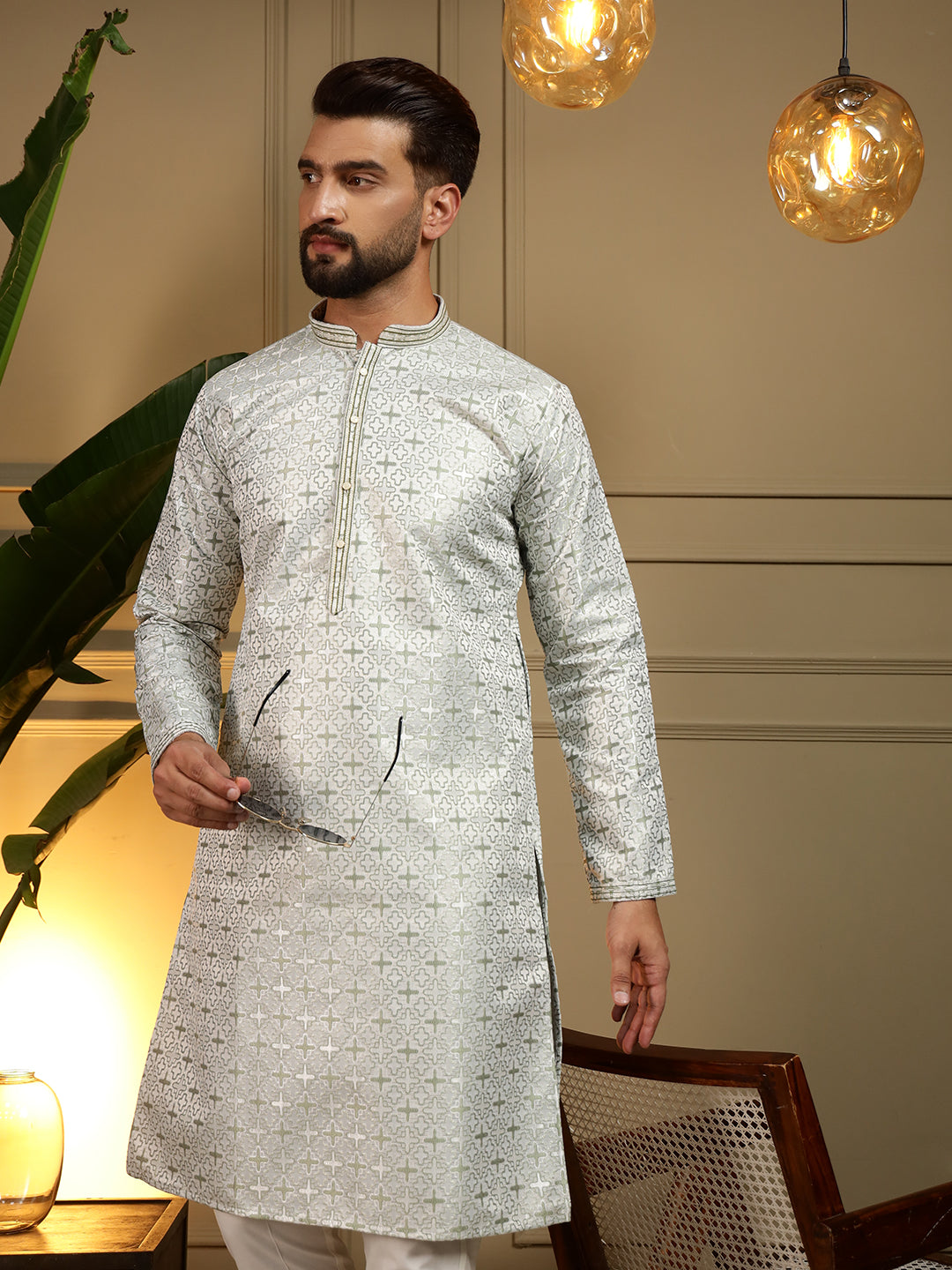 Jyoti Fashion Men's Mehendi Jacquard Woven Kurta with Pajama | Swadesiicart