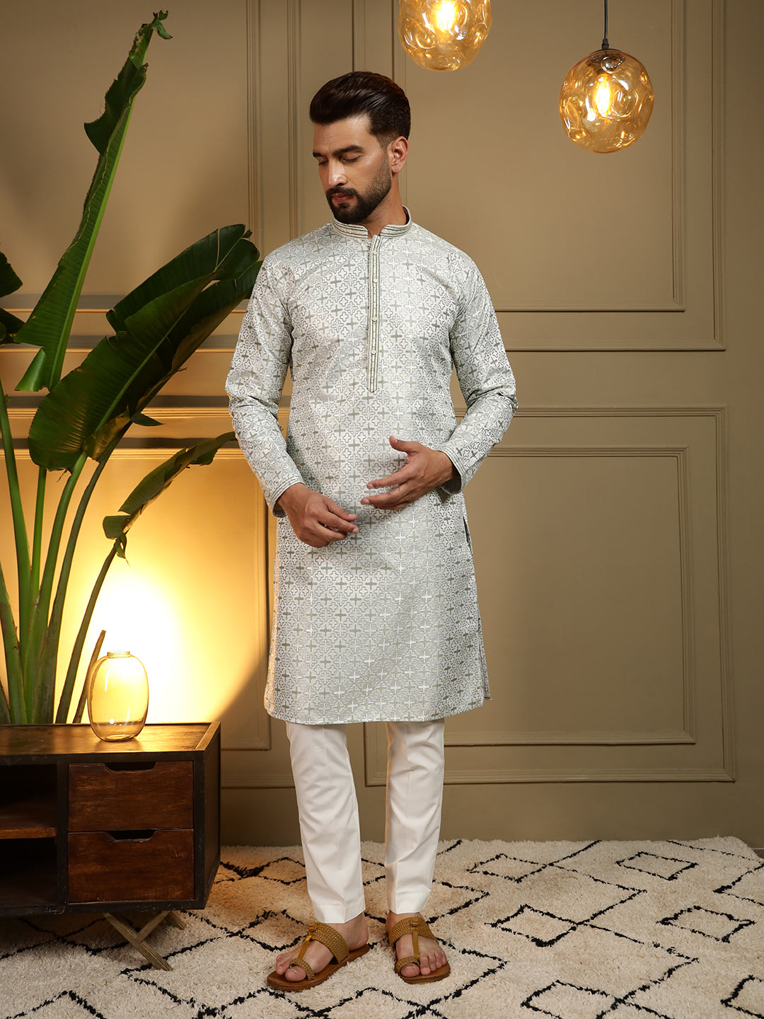Jyoti Fashion Men's Mehendi Jacquard Woven Kurta with Pajama | Swadesiicart